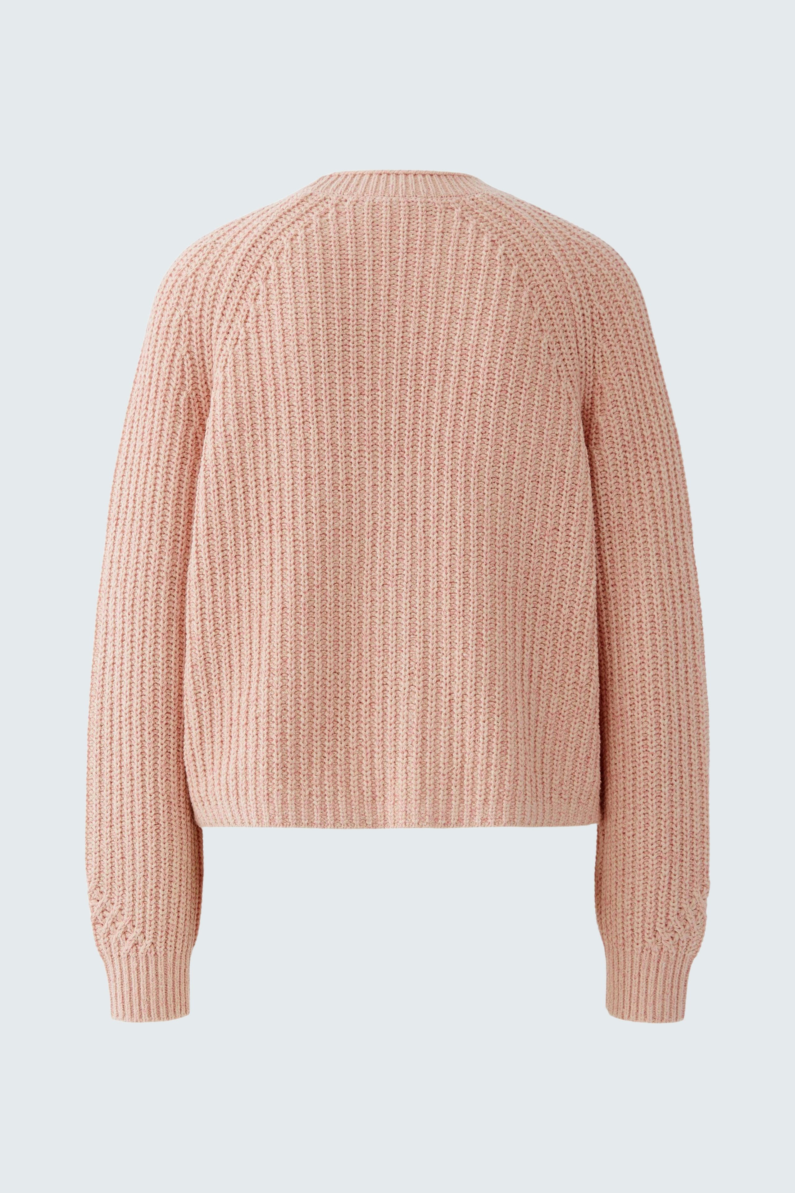Casual women's cardigan: A soft pink knitted cardigan with a relaxed fit and ribbed texture.