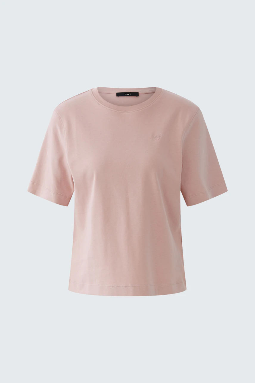 Bequemes Damen-T-Shirt in zartem Rosa, lässig geschnitten mit kurzen Ärmeln und Rundhalsausschnitt.