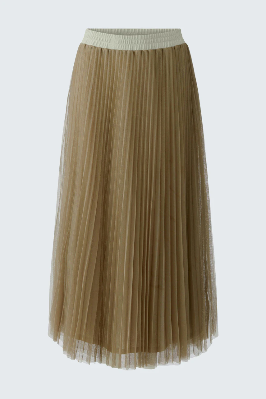 Pleated skirt: A woman in a flowing beige pleated skirt with a comfortable waistband.