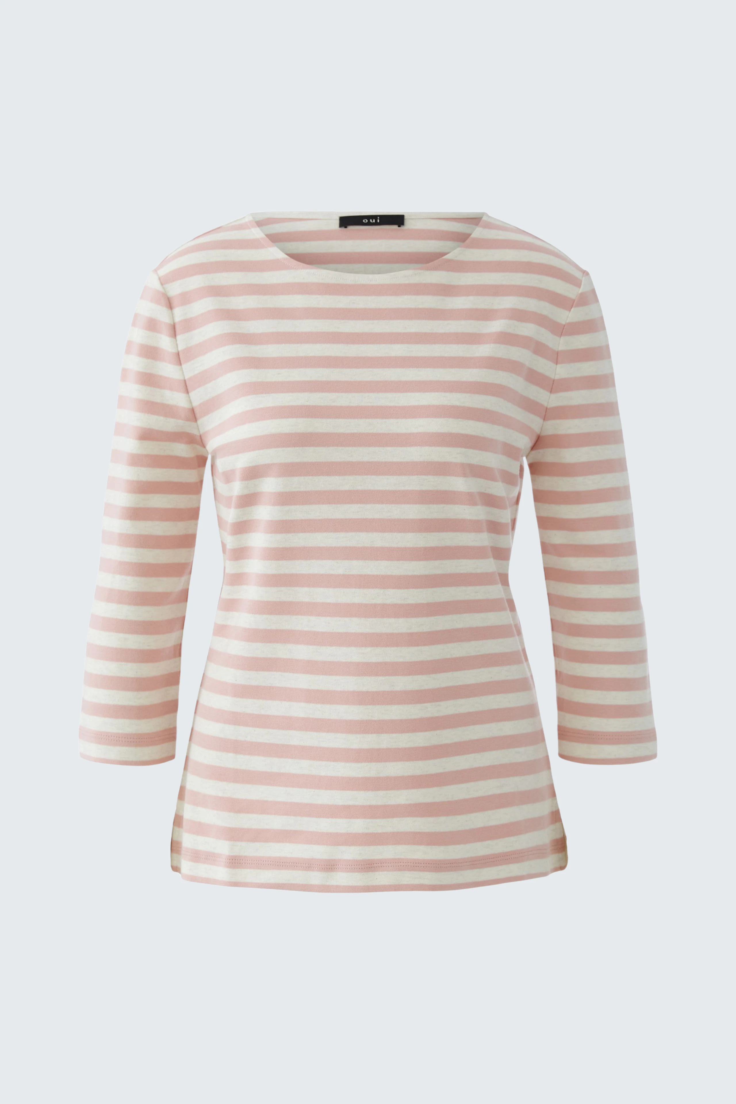 Bequemes Damen-T-Shirt: Rosa-gestreiftes Shirt mit 3/4-Ärmeln, ideal für lässige Outfits.