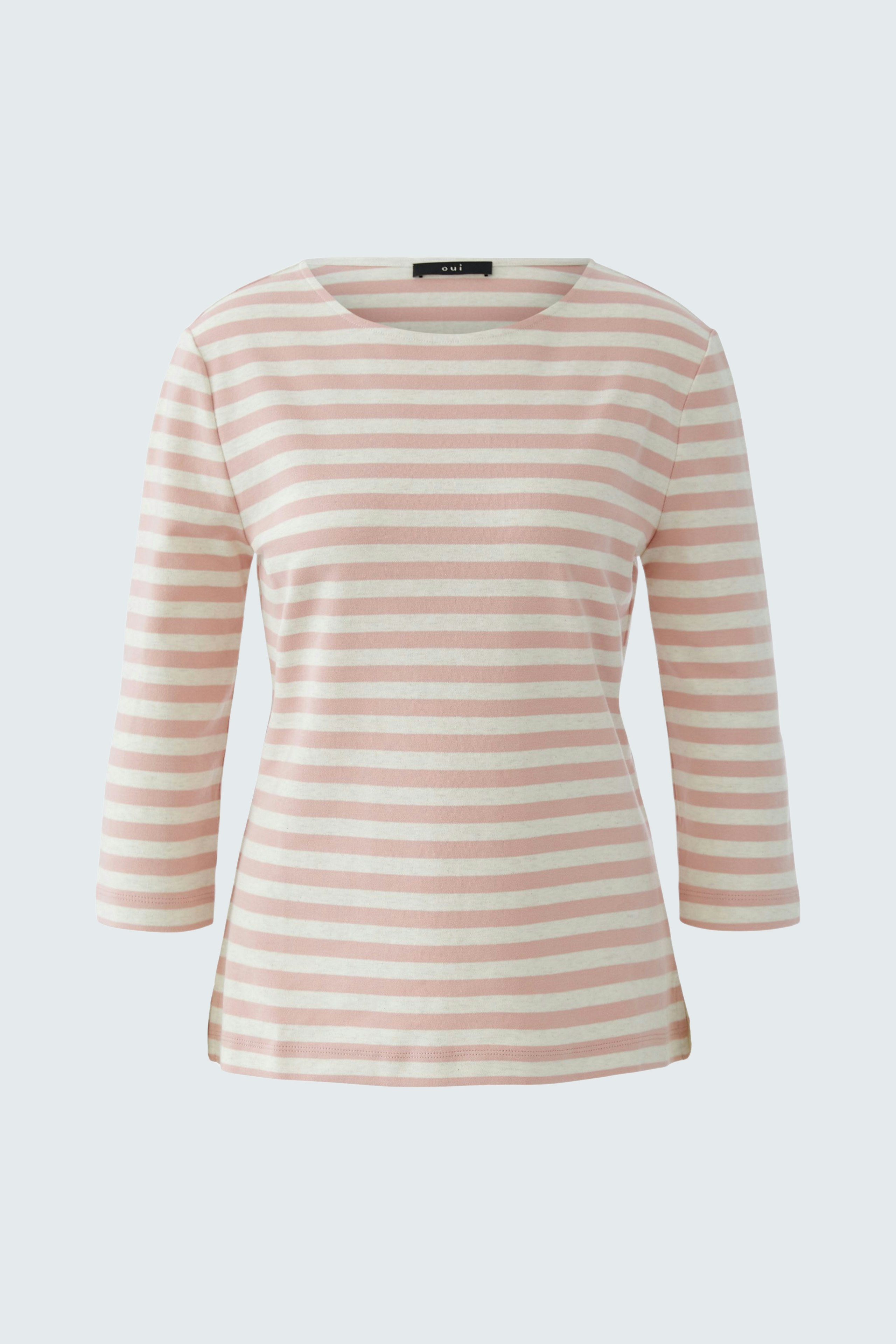 Casual women's T-shirt: Light pink striped top with three-quarter sleeves, perfect for everyday wear.