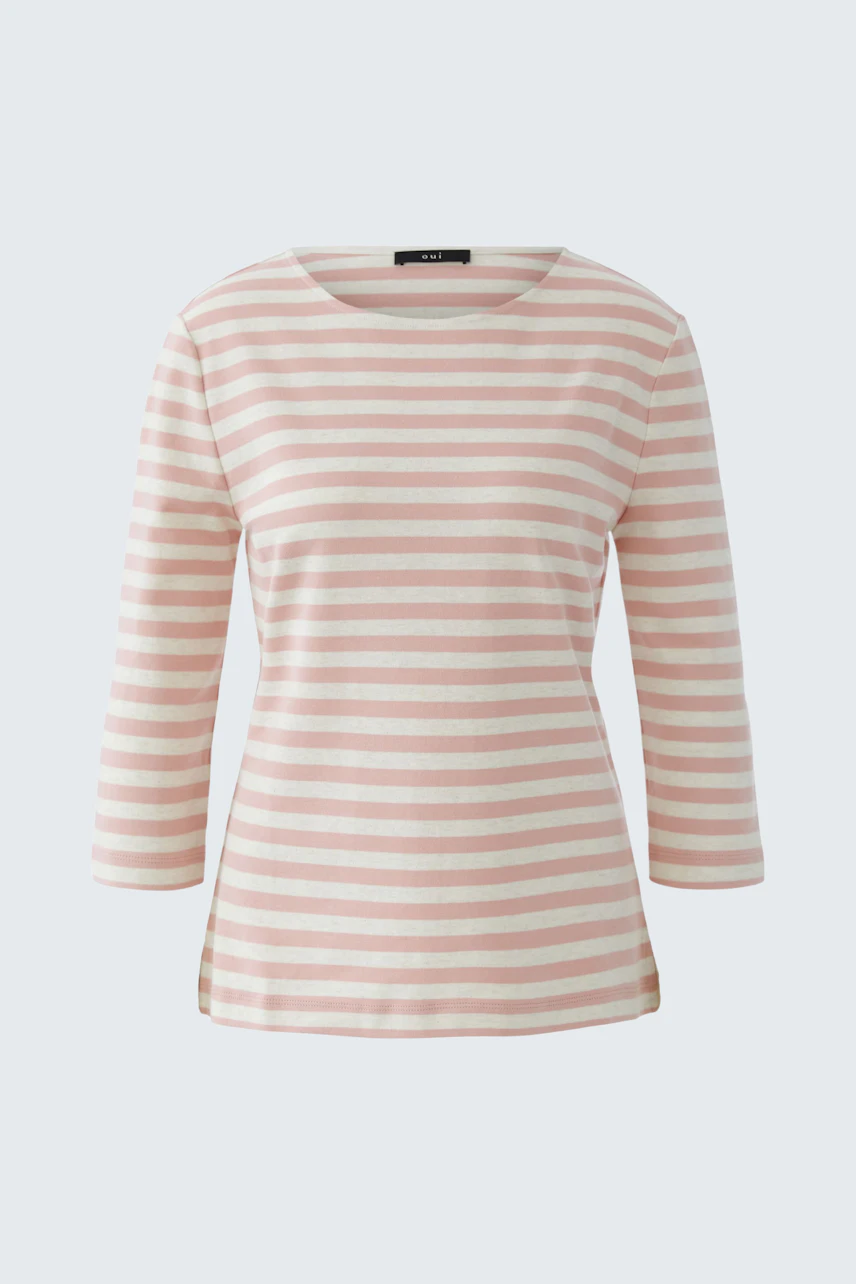 Bequemes Damen-T-Shirt: Rosa-gestreiftes Shirt mit 3/4-Ärmeln, ideal für lässige Outfits.