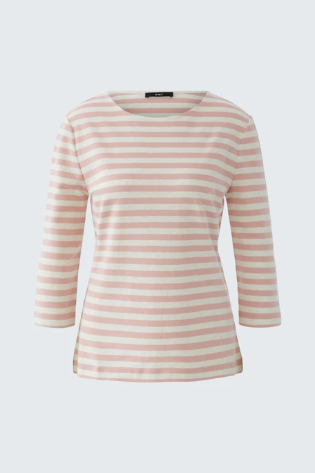 Bequemes Damen-T-Shirt: Rosa-gestreiftes Shirt mit 3/4-Ärmeln, ideal für lässige Outfits.