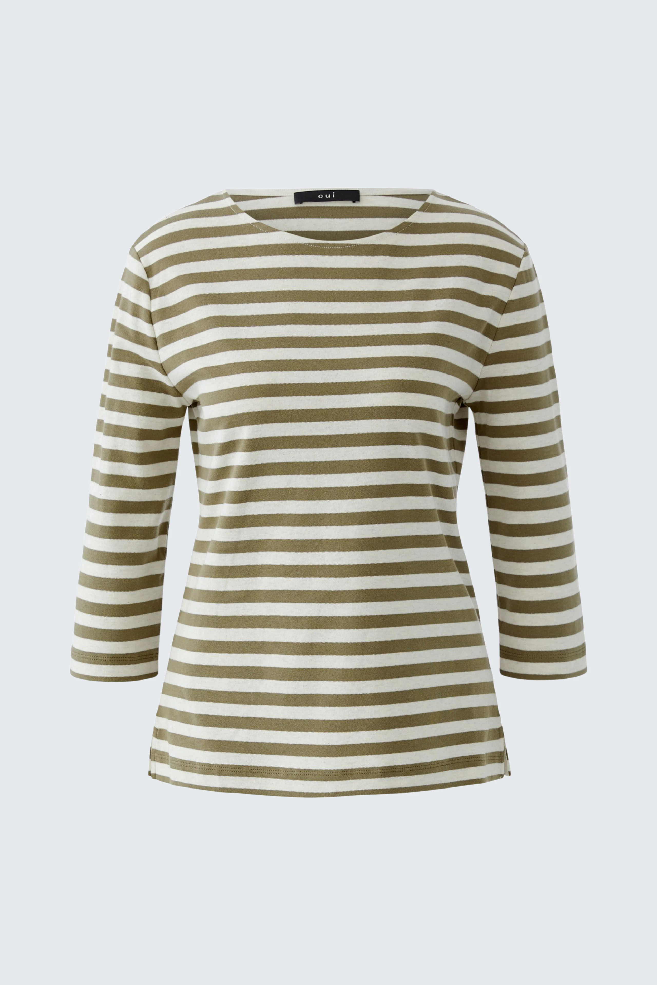 Casual women's T-shirt: Olive and white striped top with three-quarter sleeves.