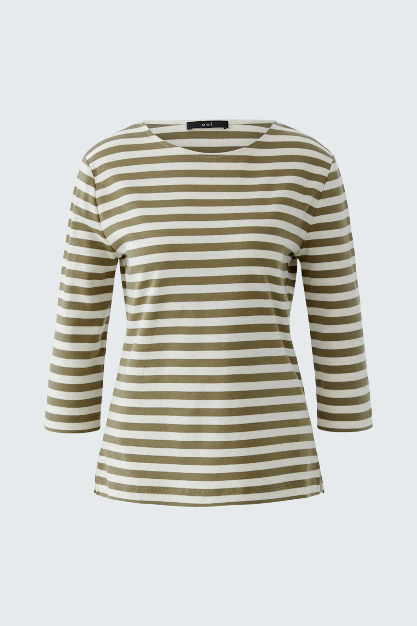 Bequemes Damen-T-Shirt: Streifenmuster in Oliv und Creme, lässiger Schnitt, ideal für den Alltag.