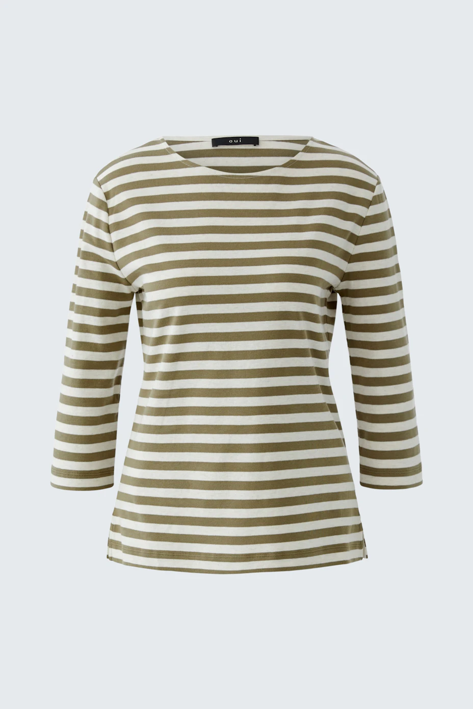 Casual women's T-shirt: Olive and white striped top with three-quarter sleeves.