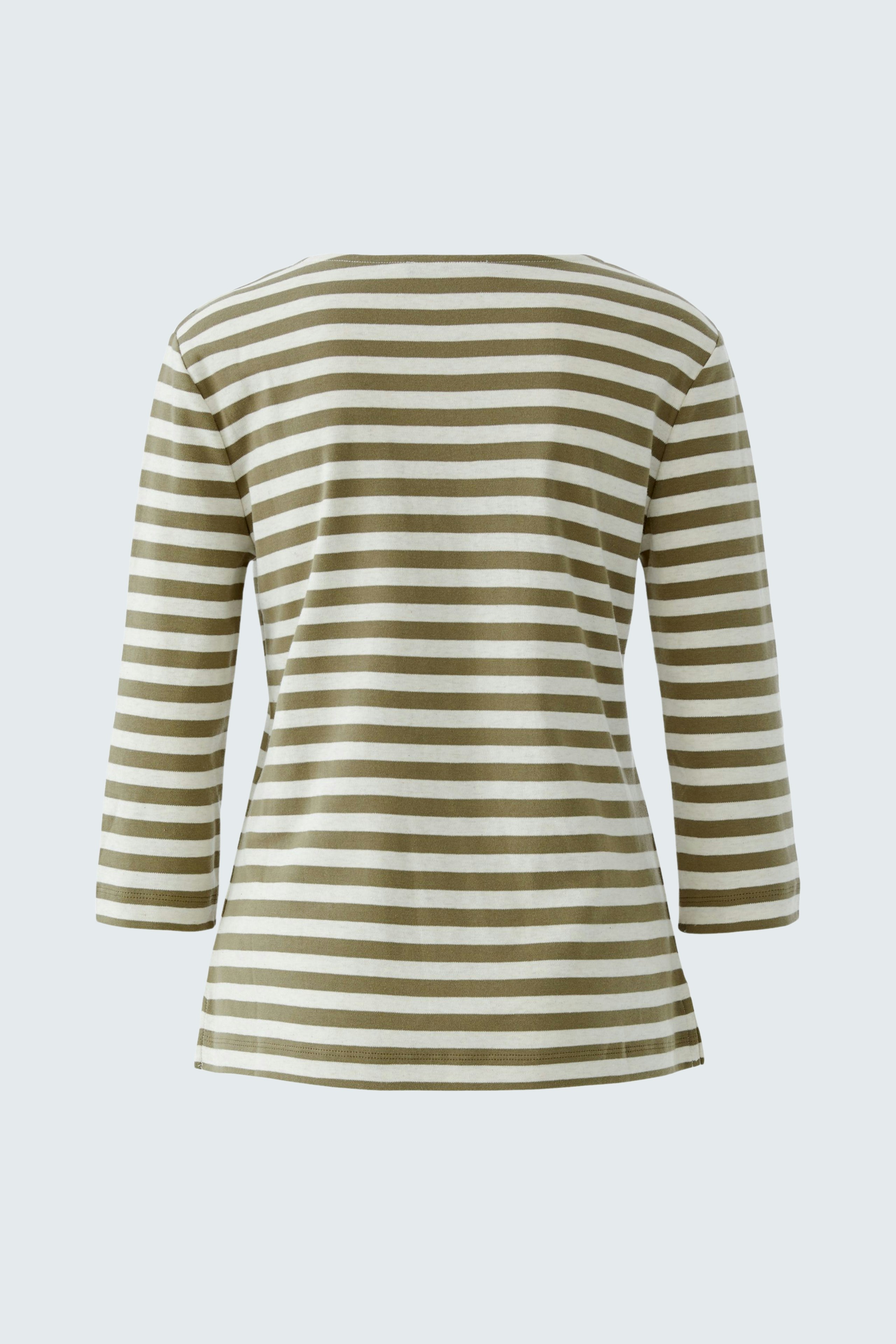 Casual women's T-shirt: Back view of a striped top in green and white, perfect for everyday wear.