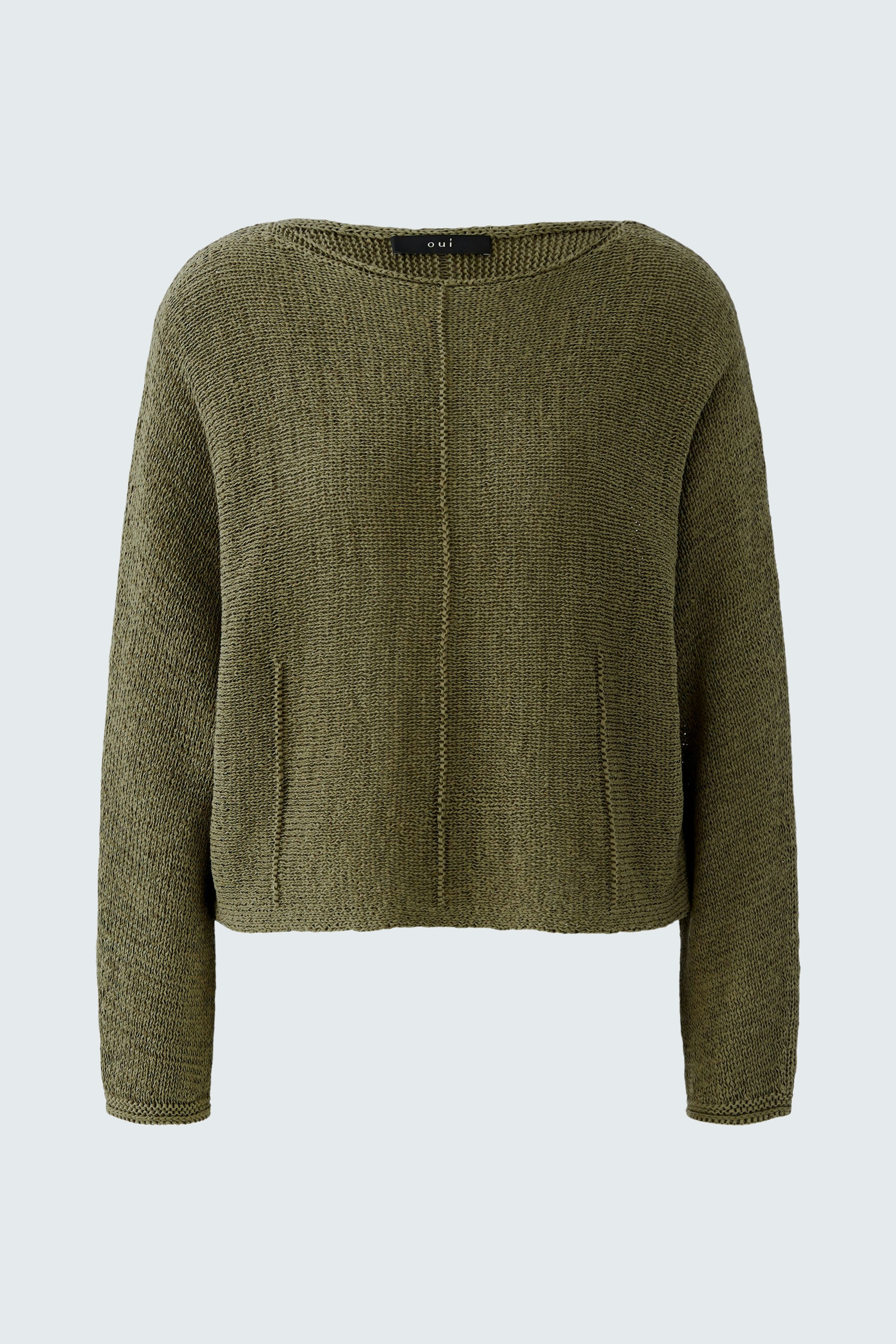 Bequemer Damen-Pullover in Olivgrün mit lässigem Schnitt und praktischen Taschen.