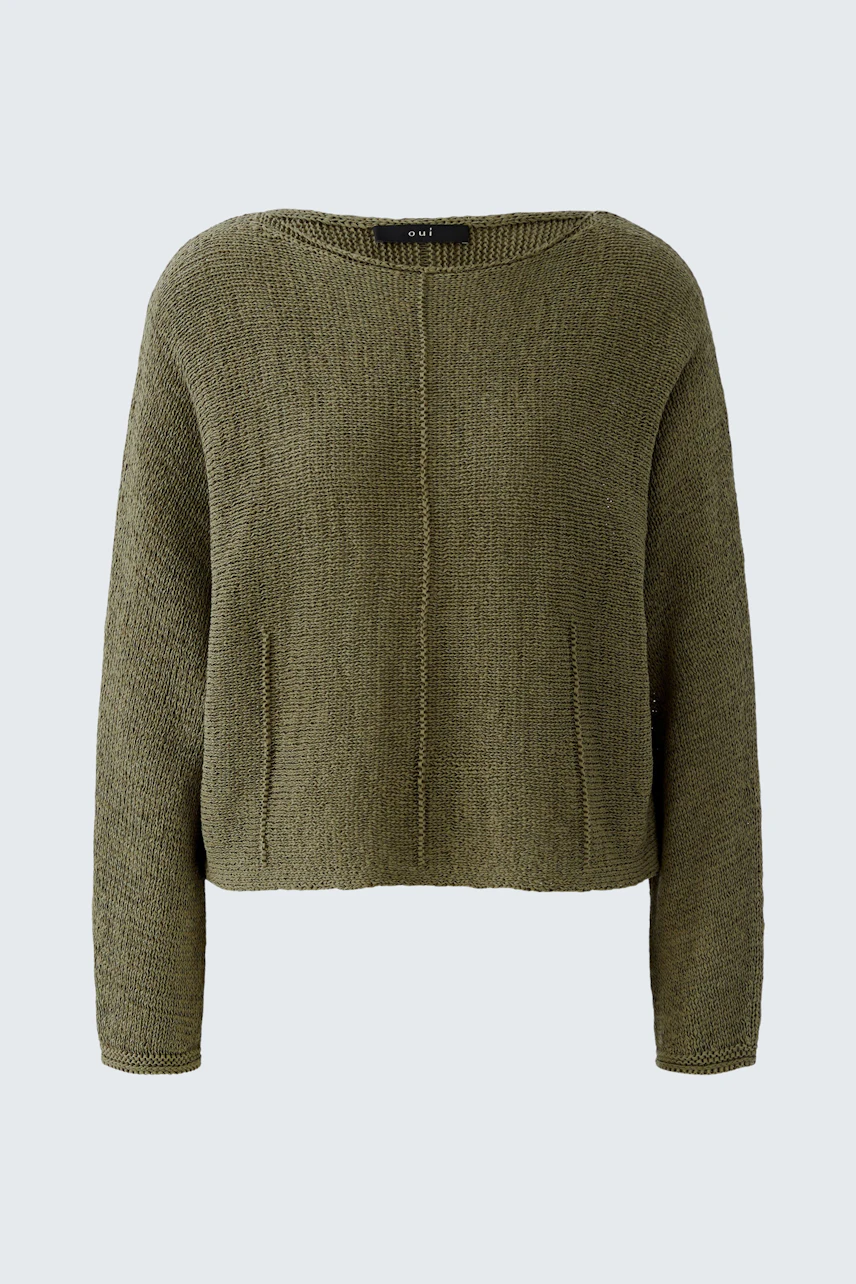 Casual women's pullover in olive green with a relaxed fit and side pockets.
