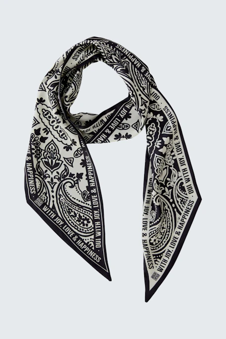 Stylish women's scarf in black and white with intricate patterns, perfect for any outfit.