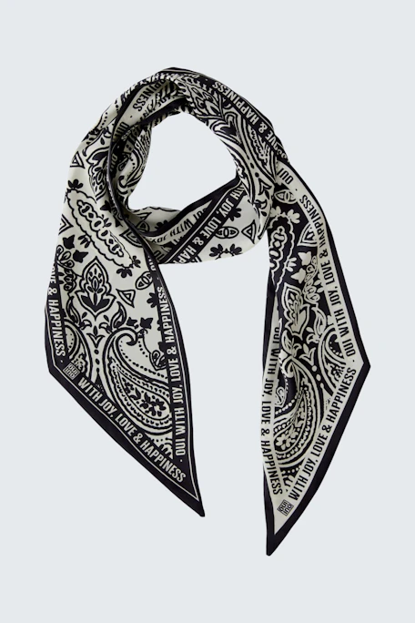 Stylish women's scarf in black and white with intricate patterns, perfect for any outfit.
