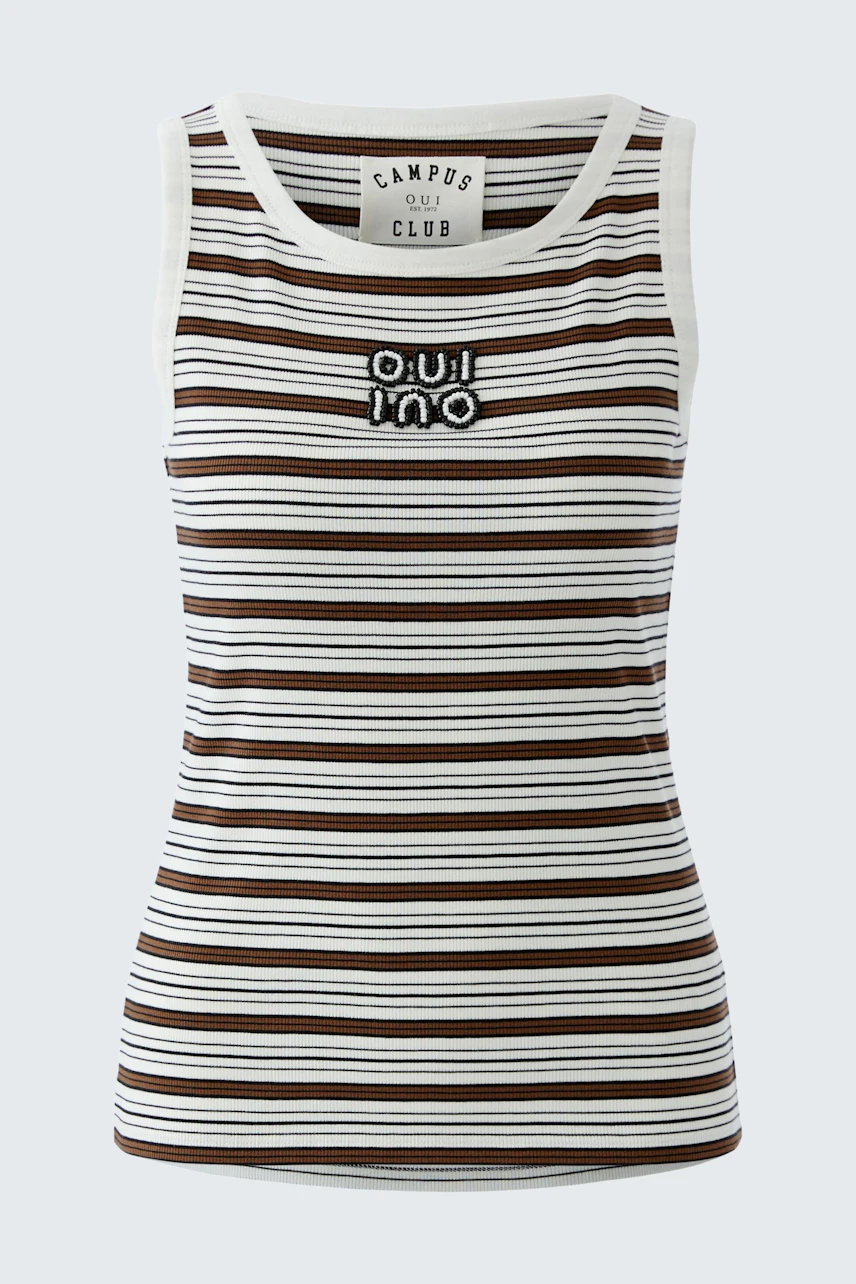Striped tank top: A woman wearing a fitted brown and white striped tank top with logo detail.