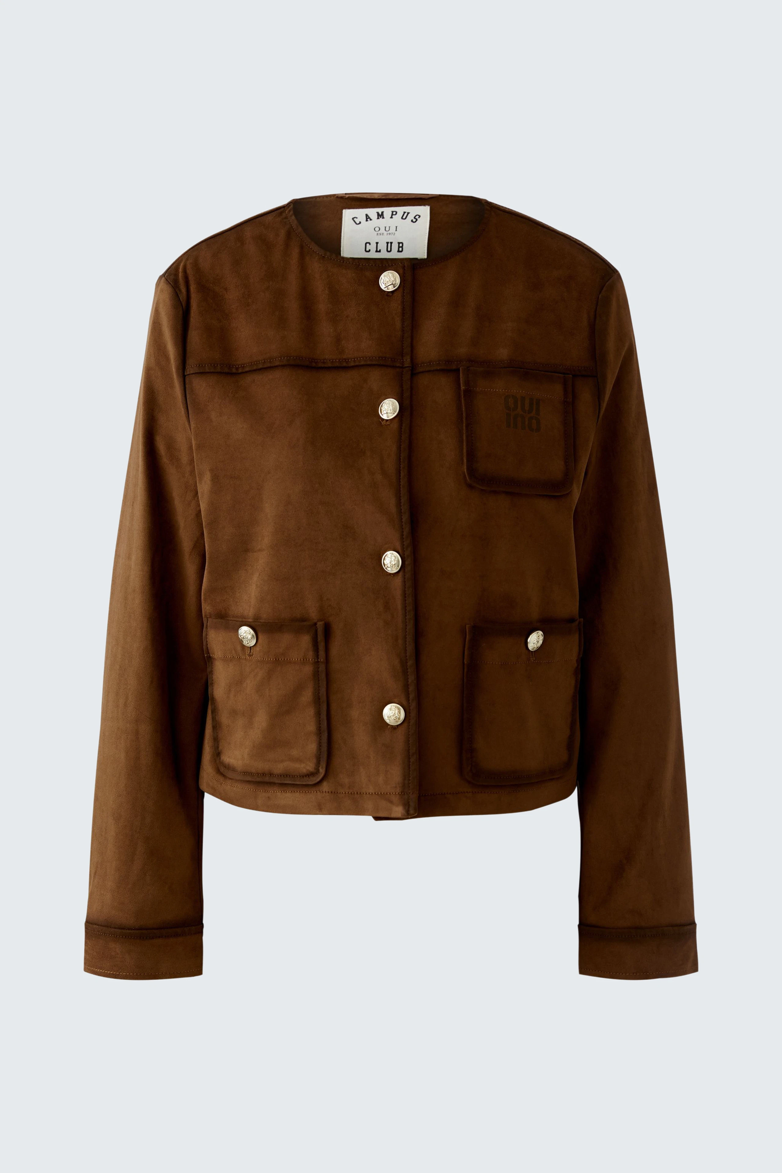 Lederimitatjacke: Braune Jacke mit Knöpfen und Taschen, ideal für lässige Outfits.