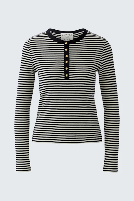 Langarmshirt: Schwarz-weiß gestreiftes Shirt mit Knopfleiste, ideal für lässige Outfits.