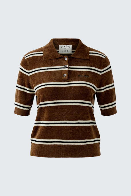 Casual women's pullover: Brown striped pullover with short sleeves and a polo collar.