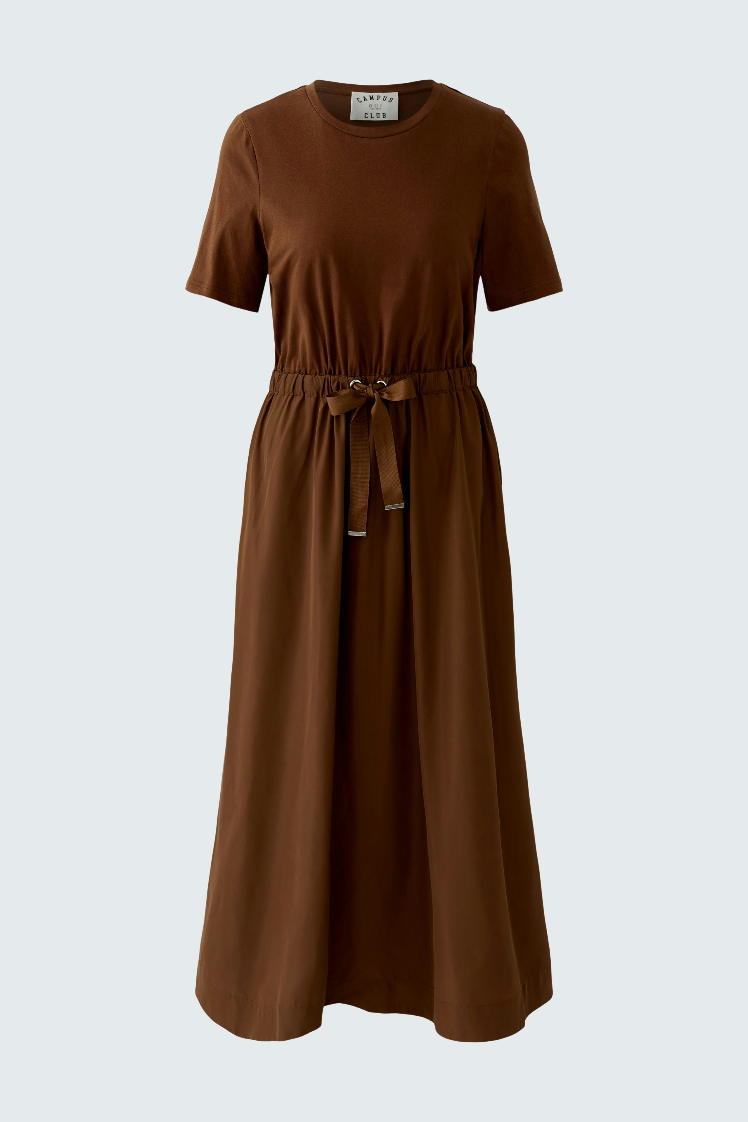 Casual brown maxi dress with short sleeves and a drawstring waist.