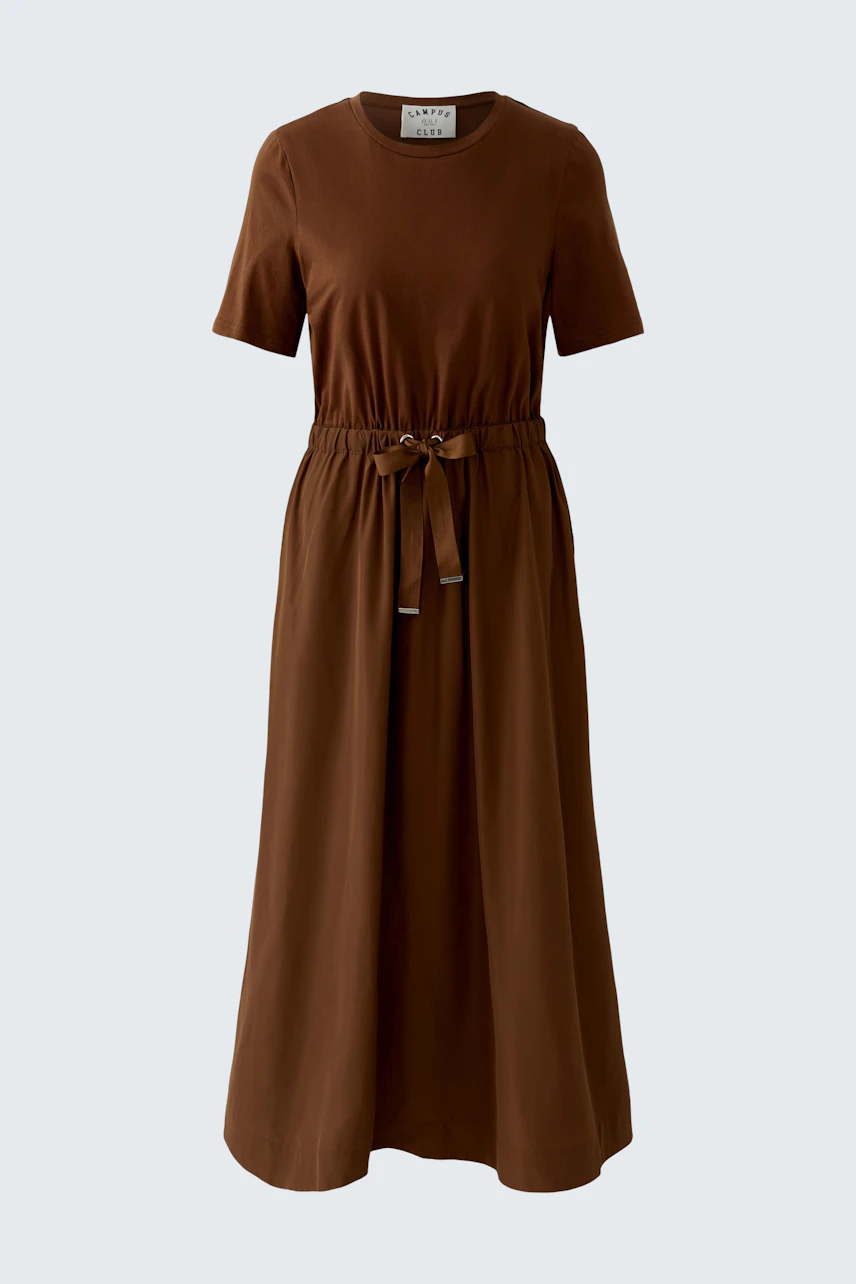 Casual brown maxi dress with short sleeves and a drawstring waist.
