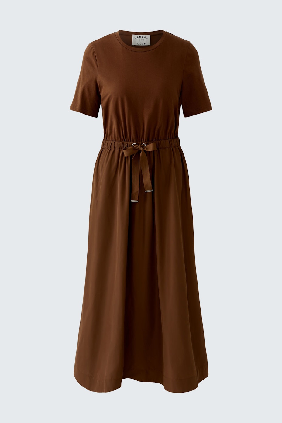 Casual brown maxi dress with short sleeves and a drawstring waist.