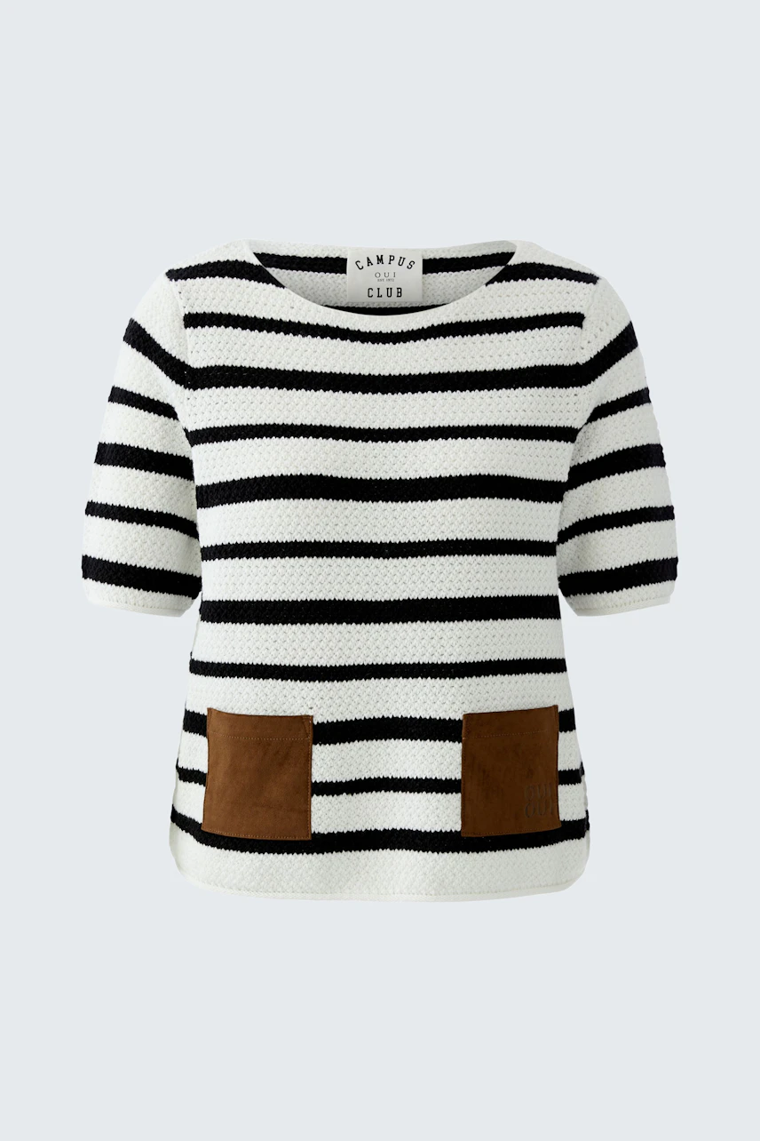 Casual women's pullover: Black and white striped pullover with brown pockets, perfect for everyday wear.