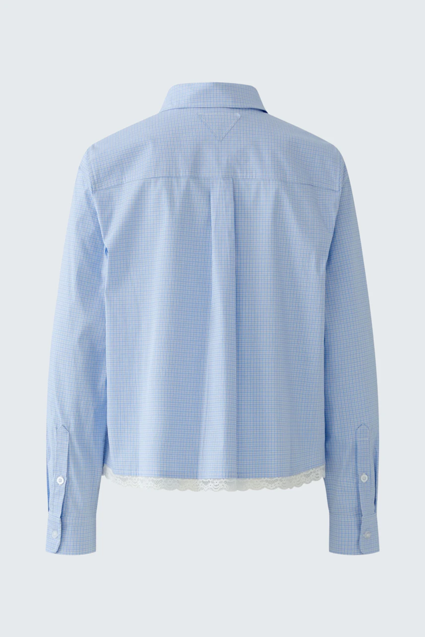 Casual women's shirt blouse: Back view of a light blue checkered shirt with a classic collar.