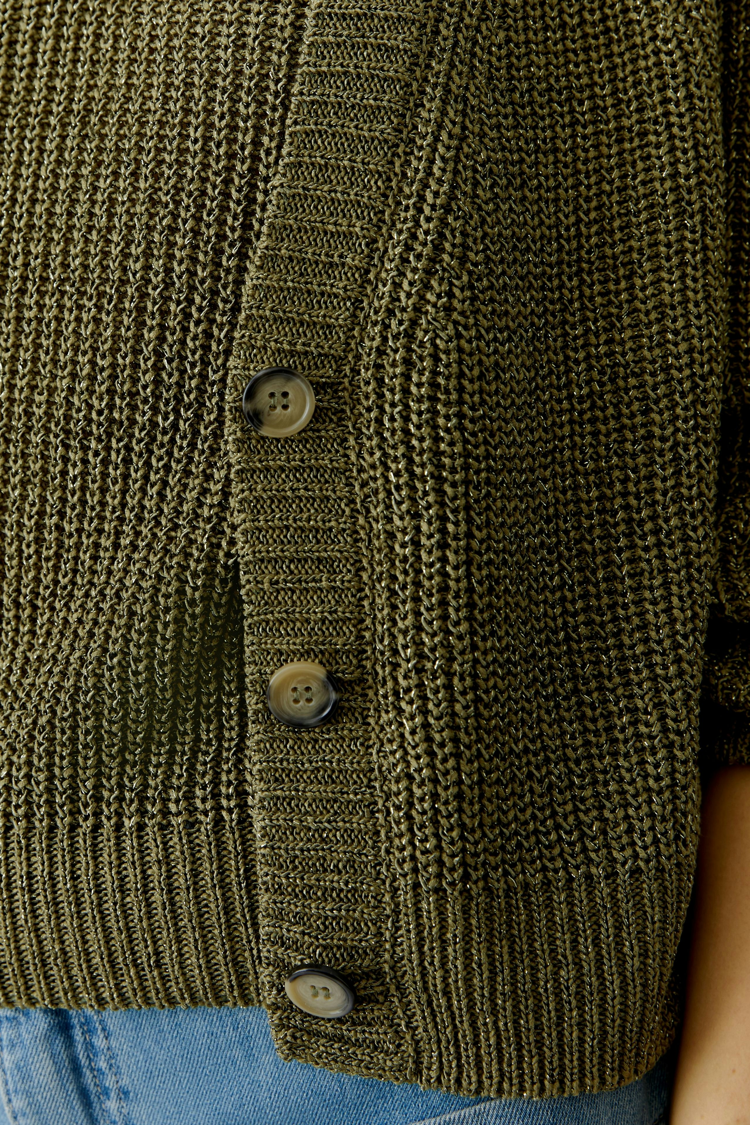Casual women's cardigan in olive green with a textured knit and button details.
