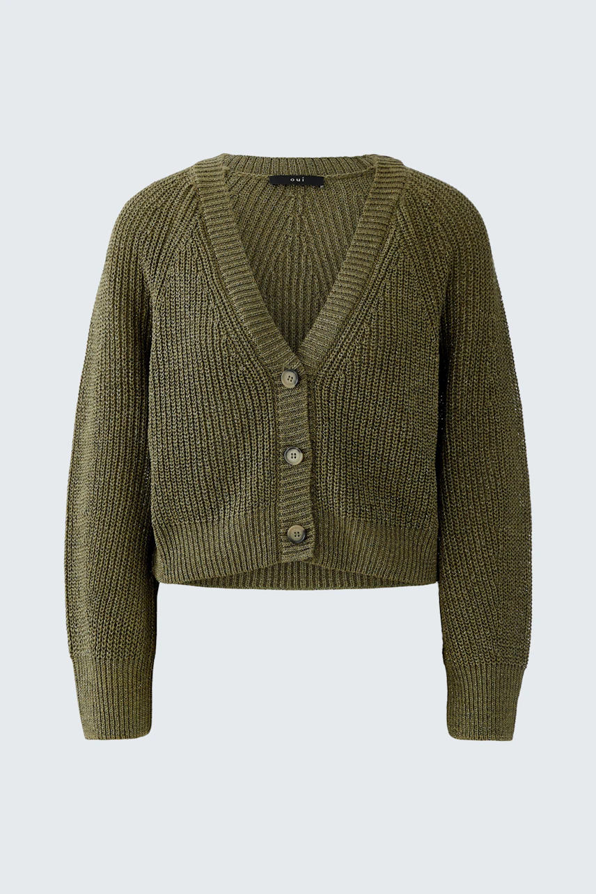 Bequeme Damen-Strickjacke in Olivgrün mit V-Ausschnitt und Knöpfen, ideal für lässige Outfits.