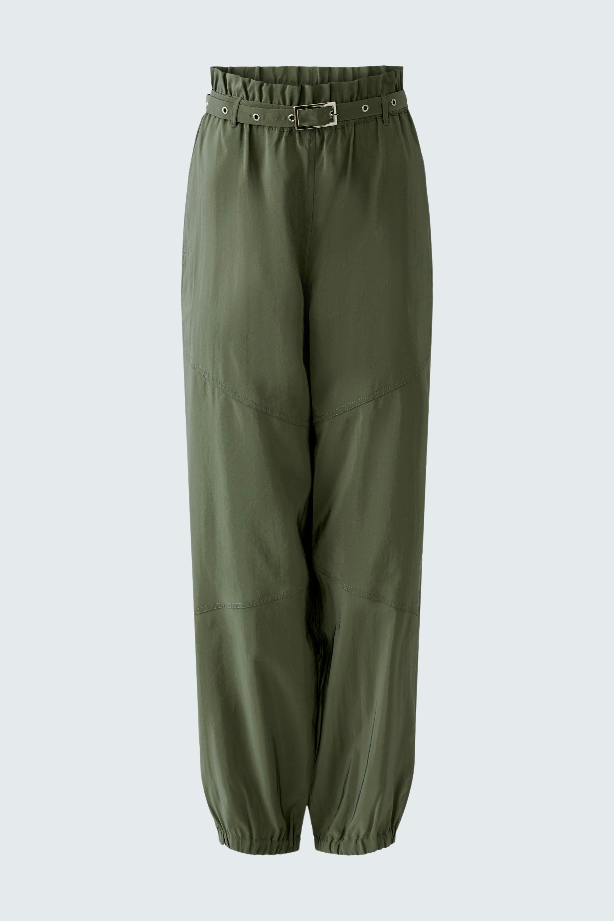 Casual women's pants: Green, loose-fitting trousers with a belted waist and elastic cuffs.