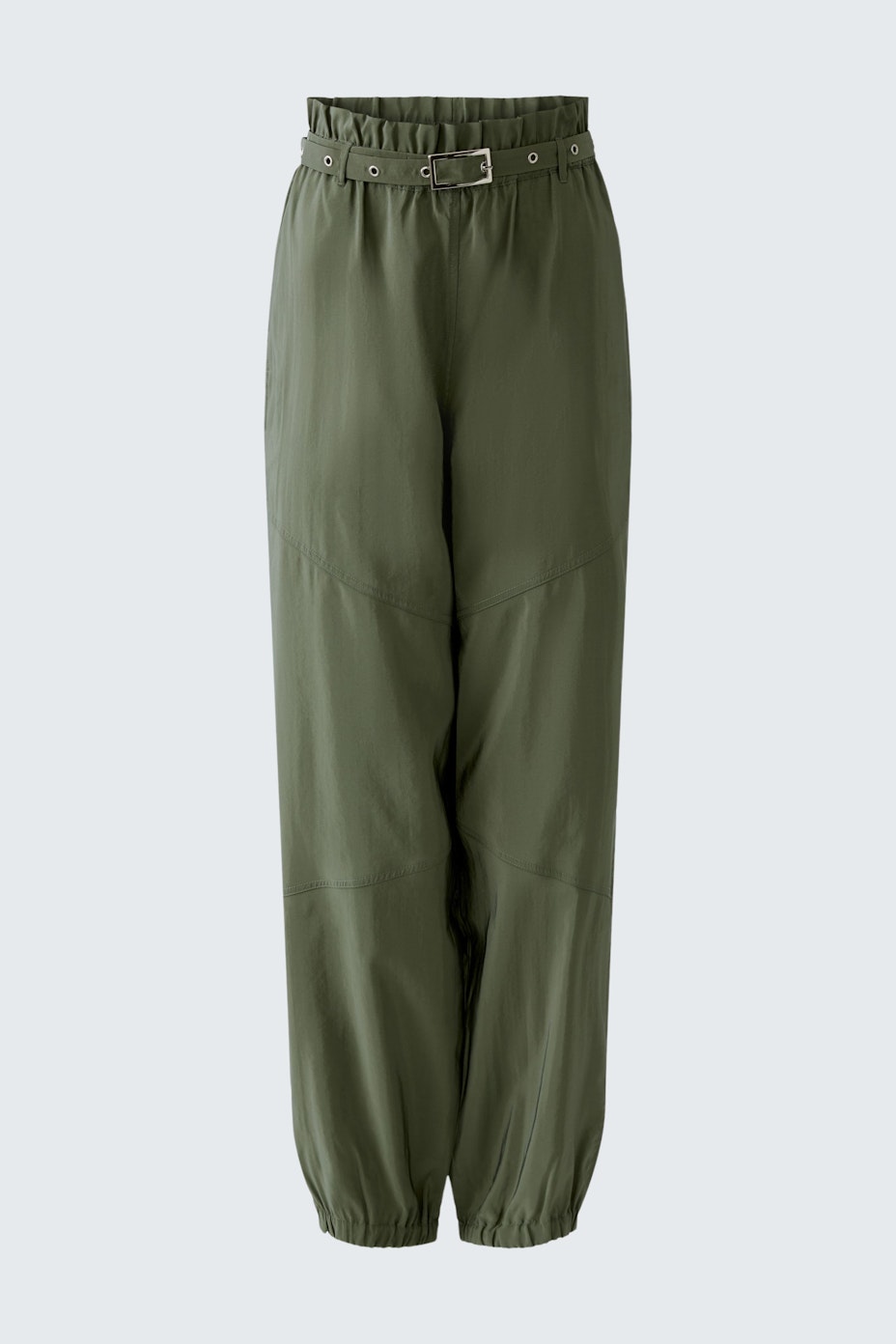 Casual women's pants: Green, loose-fitting trousers with a belted waist and elastic cuffs.