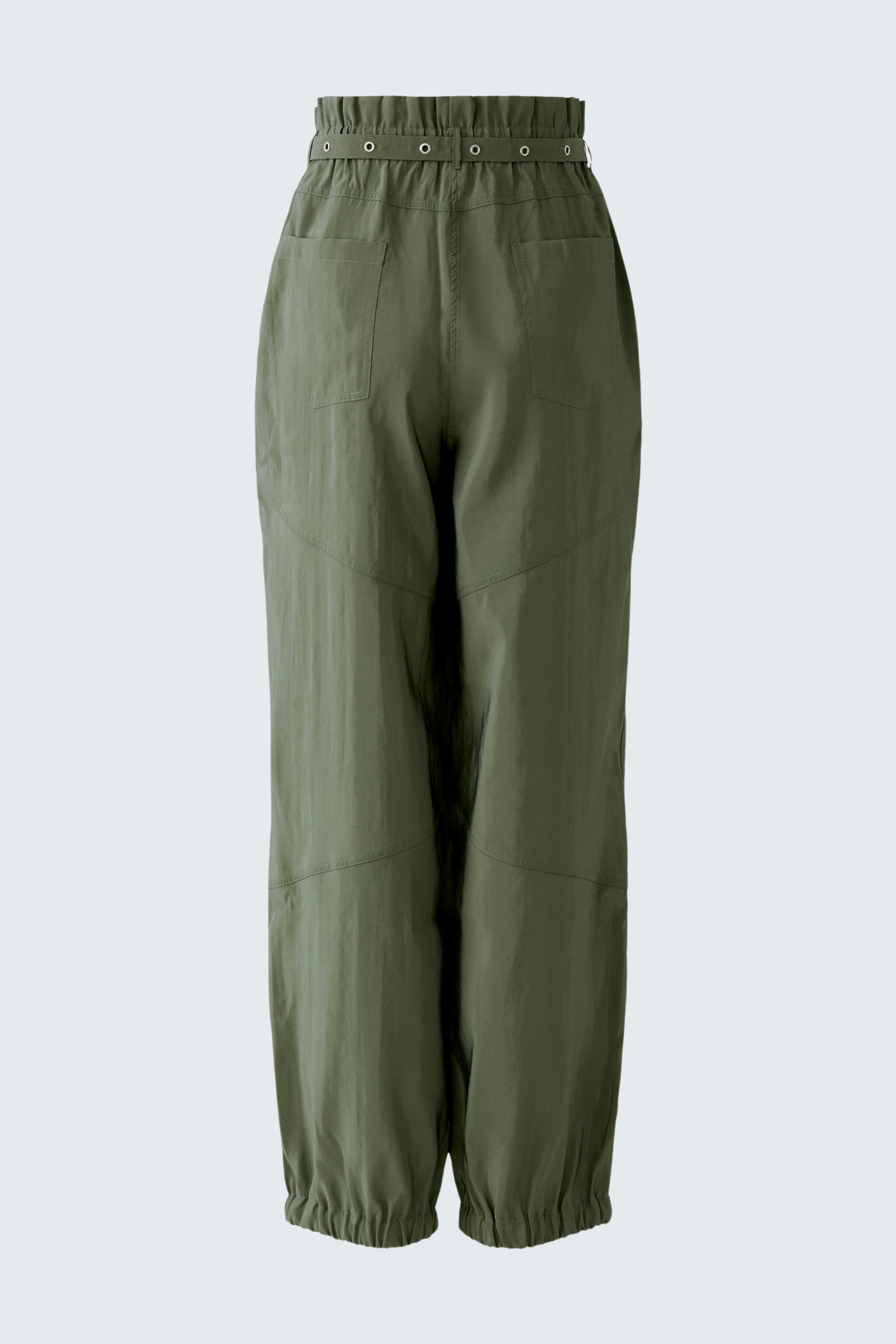 Casual women's pants in olive green with an elastic waistband and tapered cuffs.