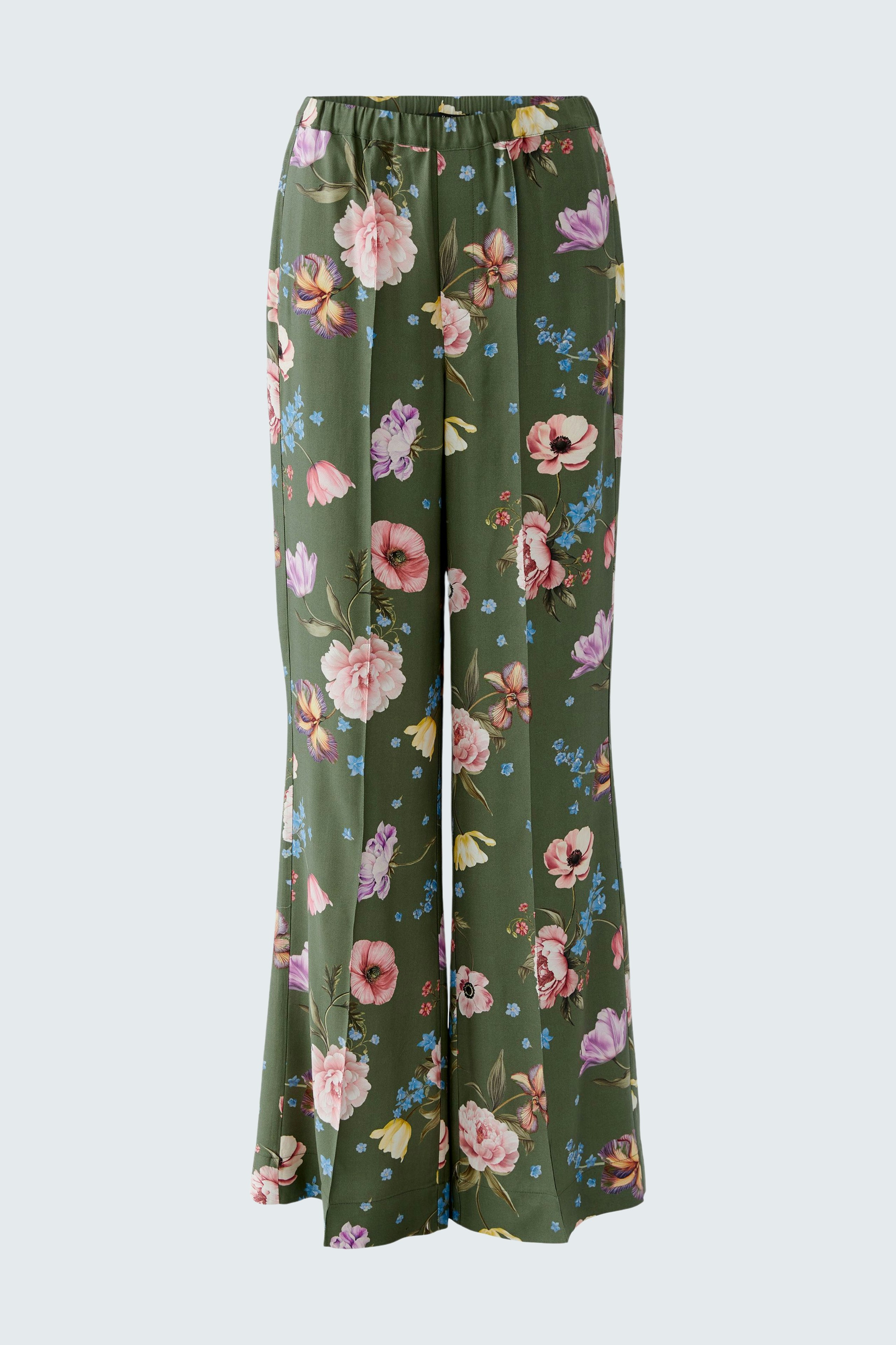 Floral women's pants in green with a relaxed fit, featuring a comfortable elastic waistband.