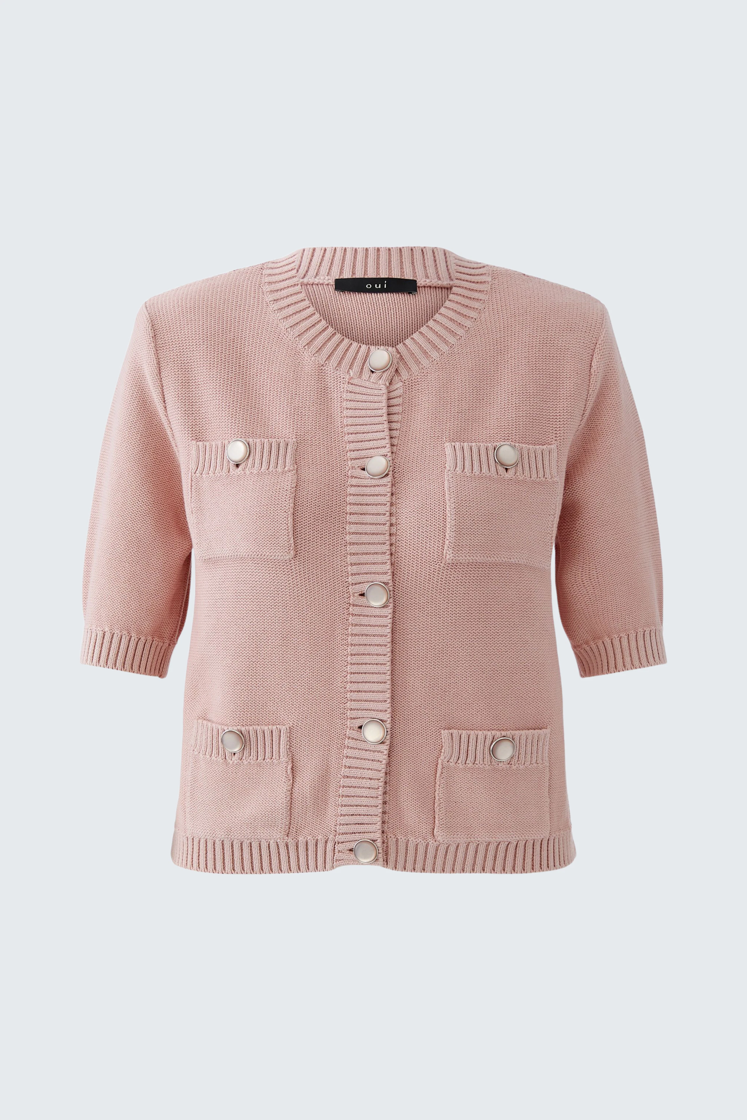 Casual women's cardigan in soft pink with button details and pockets.