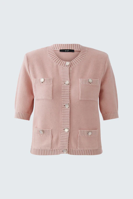 Casual women's cardigan in soft pink with button details and pockets.