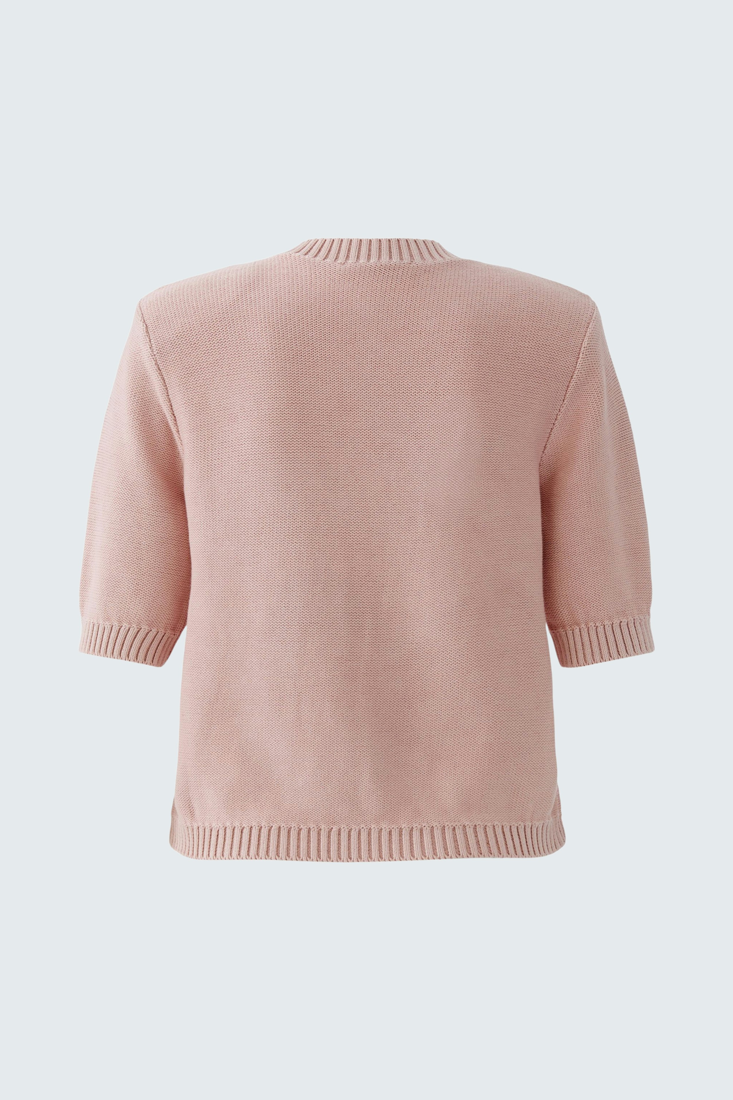 Casual women's cardigan in soft pink with short sleeves and ribbed hem, perfect for layering.