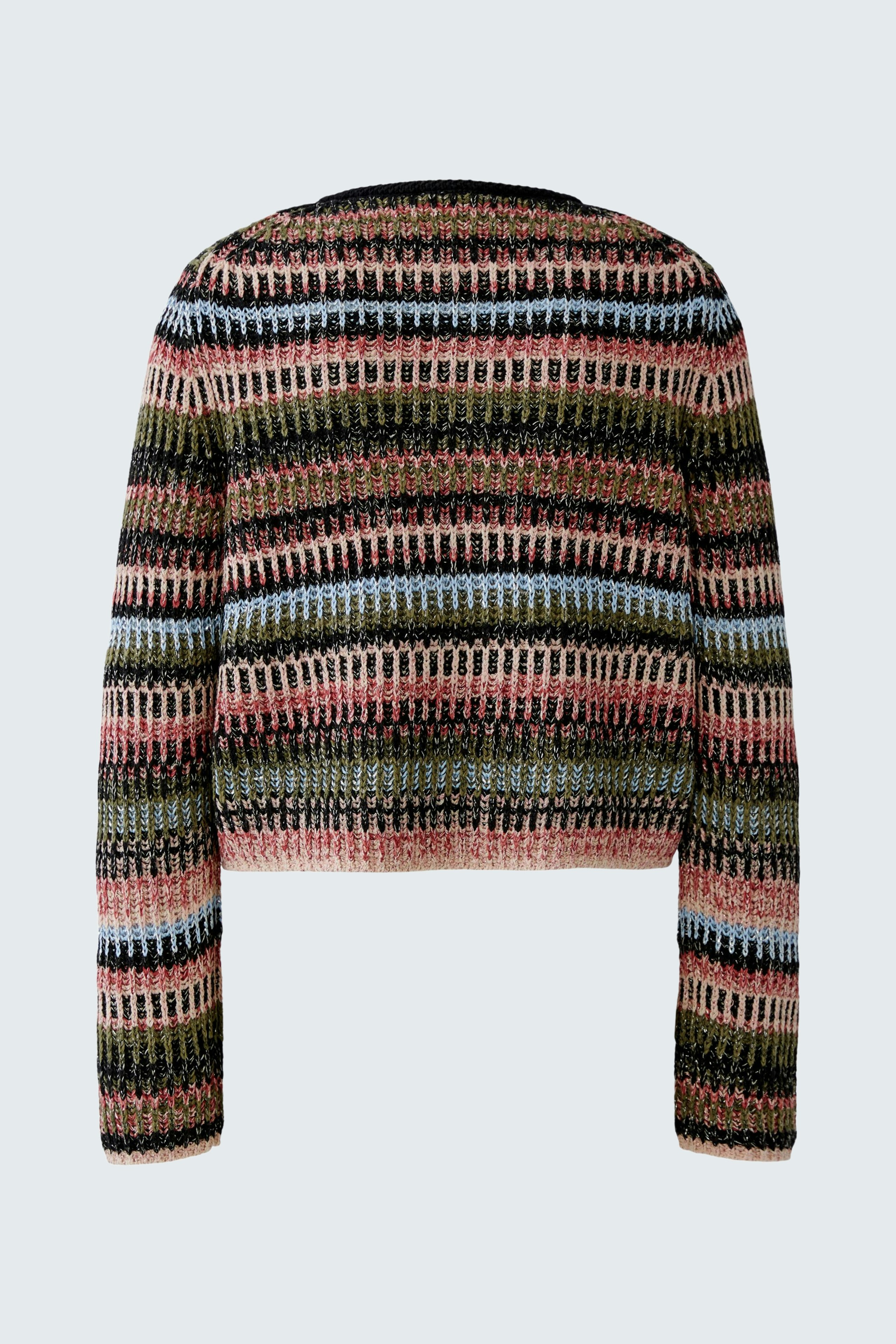 Colorful women's cardigan with a cropped fit and striped pattern, perfect for casual layering.