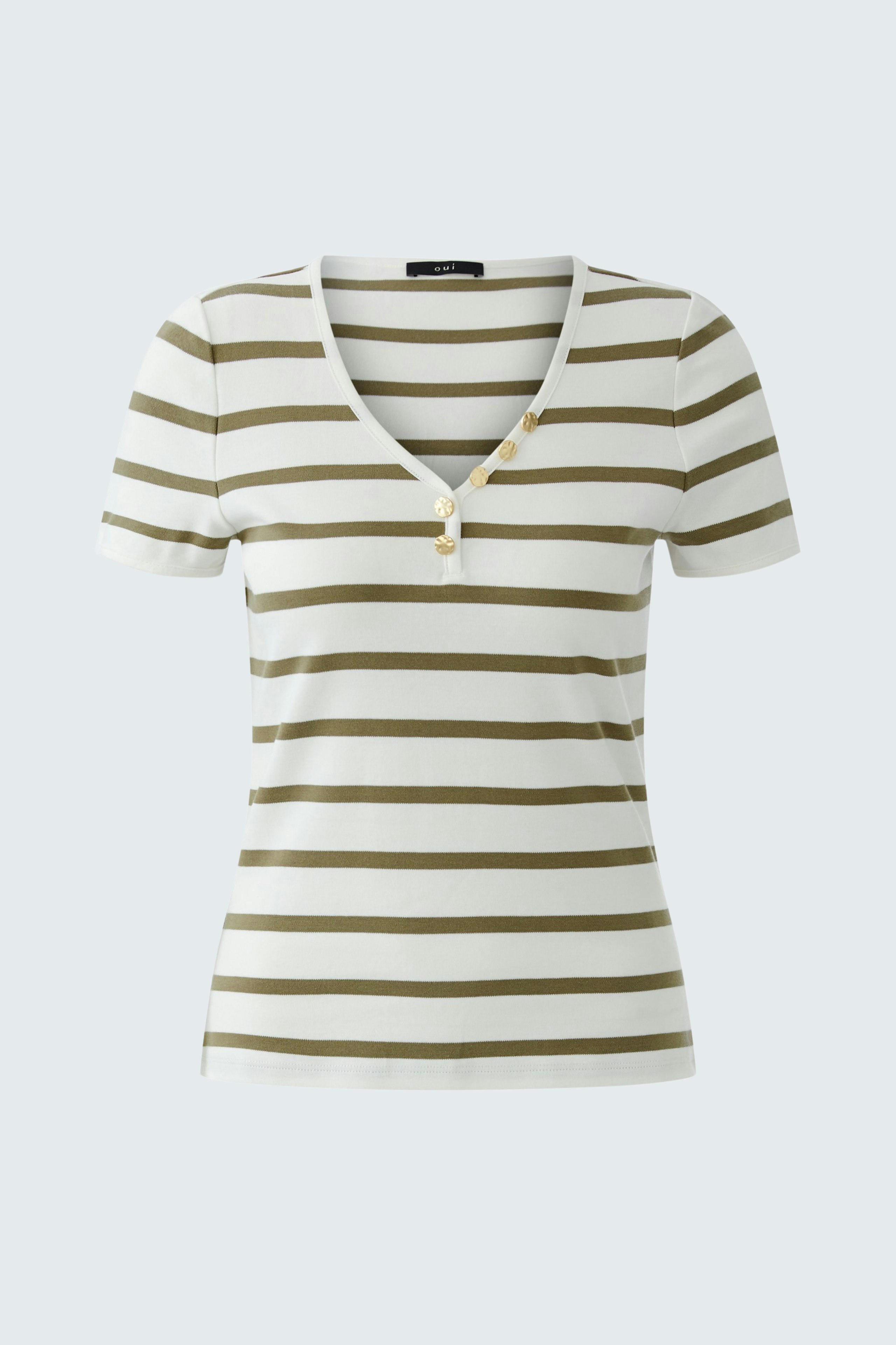 Casual women's T-shirt: A woman in a striped short-sleeve top with a V-neck and button details.