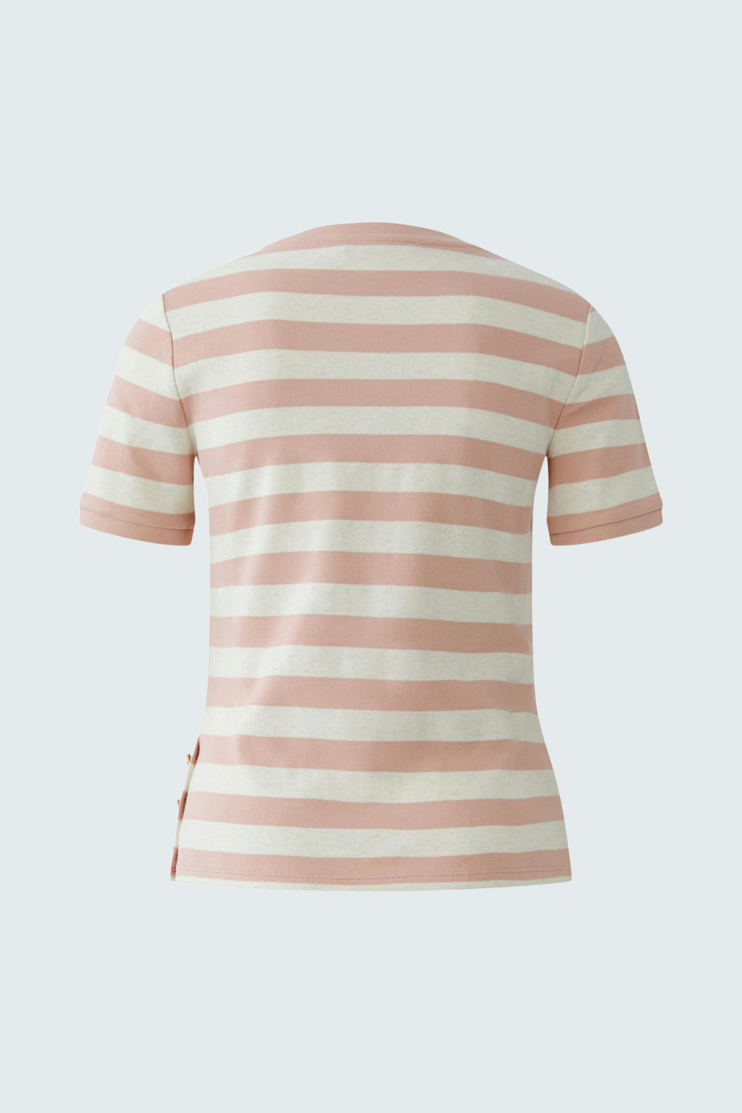 Casual women's T-shirt: Back view of a pink and white striped tee with short sleeves.