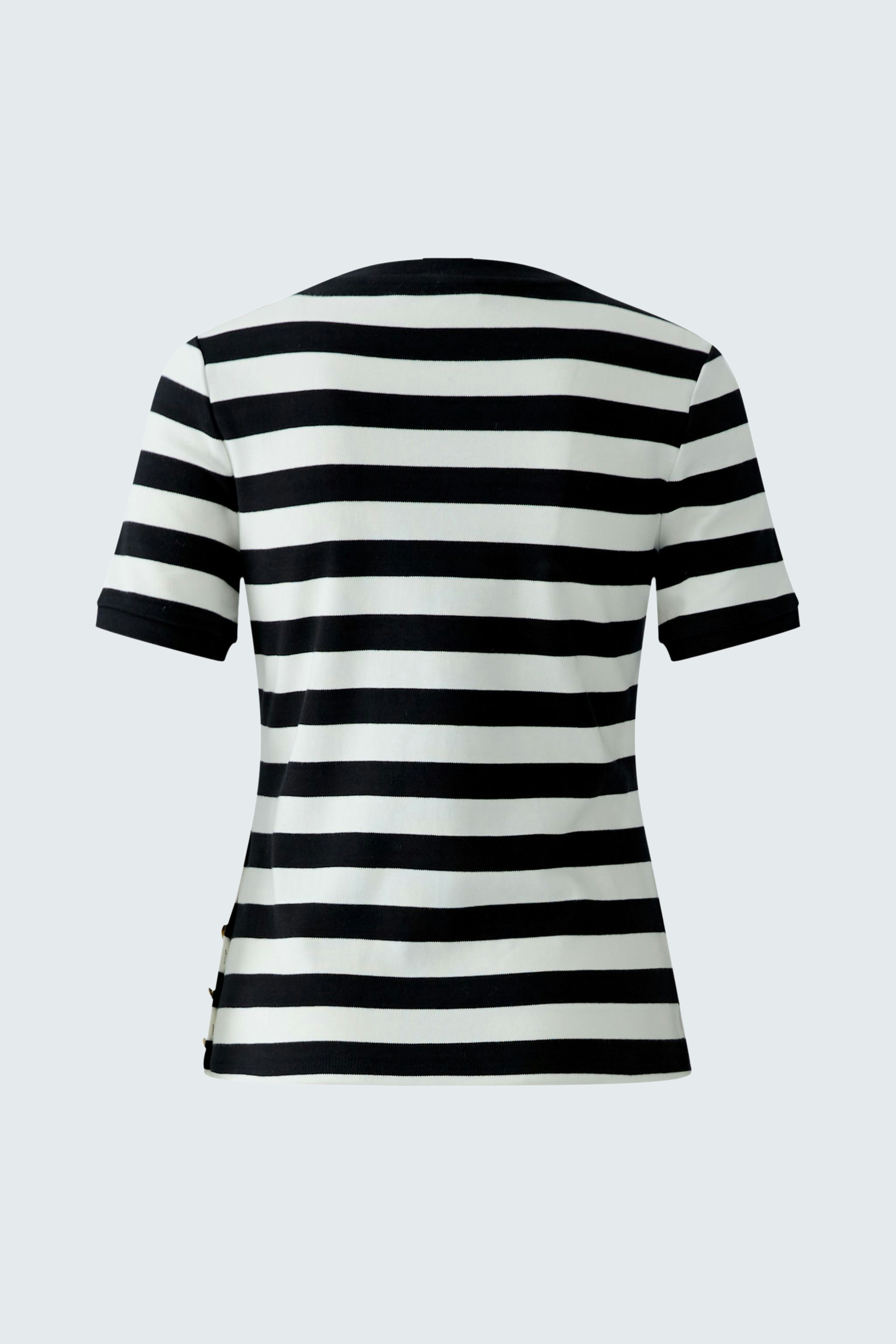 Casual women's T-shirt: Back view of a striped black and white tee with short sleeves.