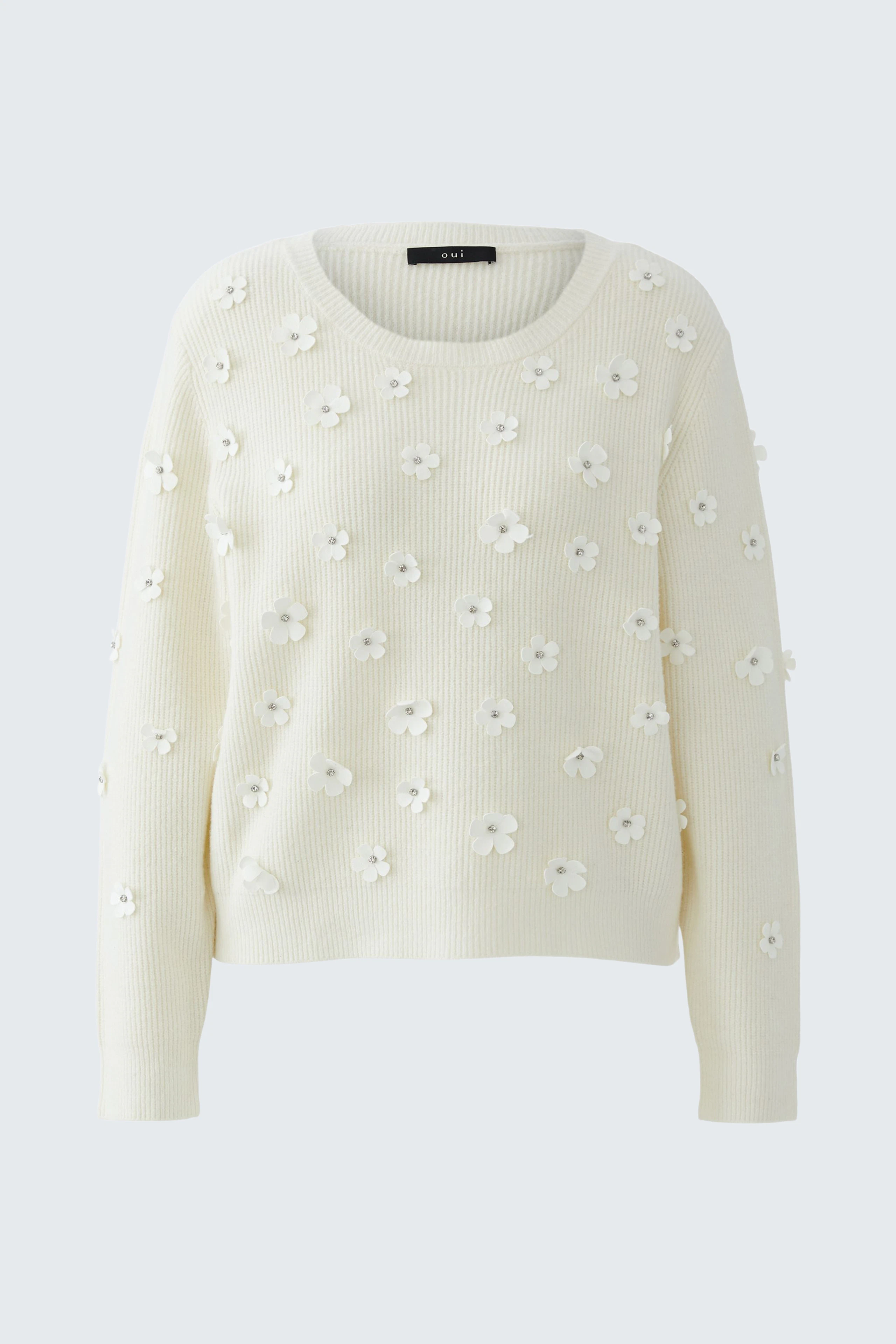 Bequemer Damen-Pullover in Creme mit Blumenapplikationen, ideal für lässige Outfits.