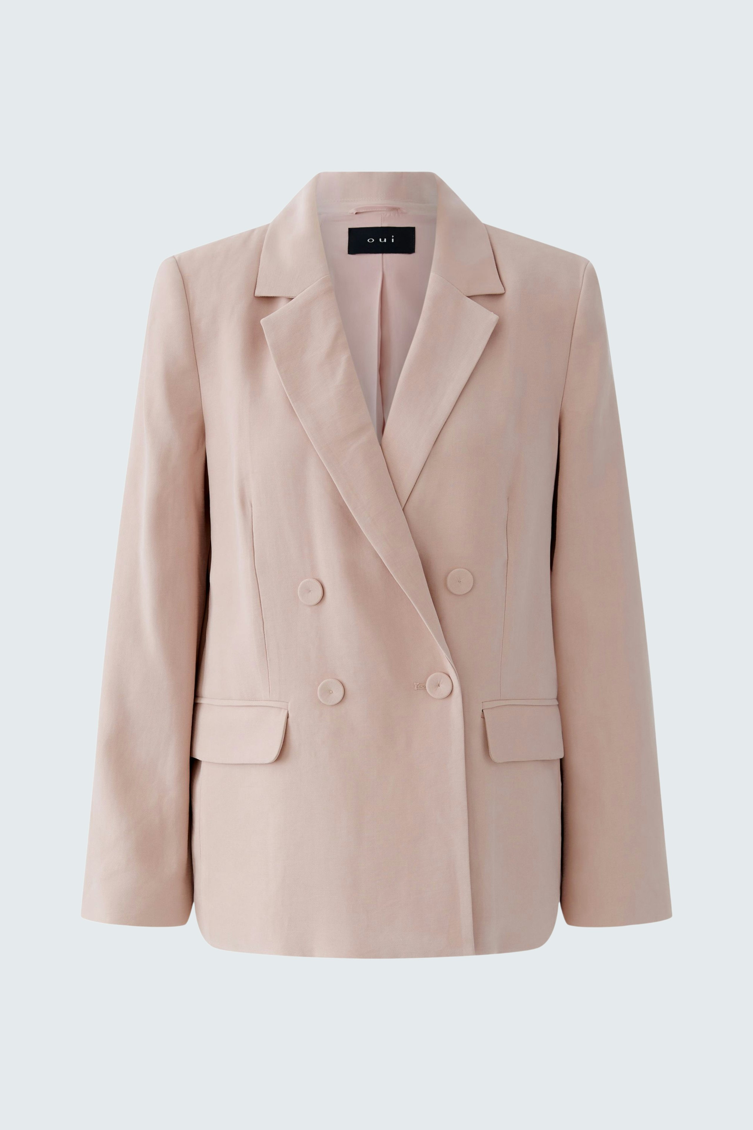 Stylish women's blazer in soft pink with a double-breasted design, perfect for casual outfits.