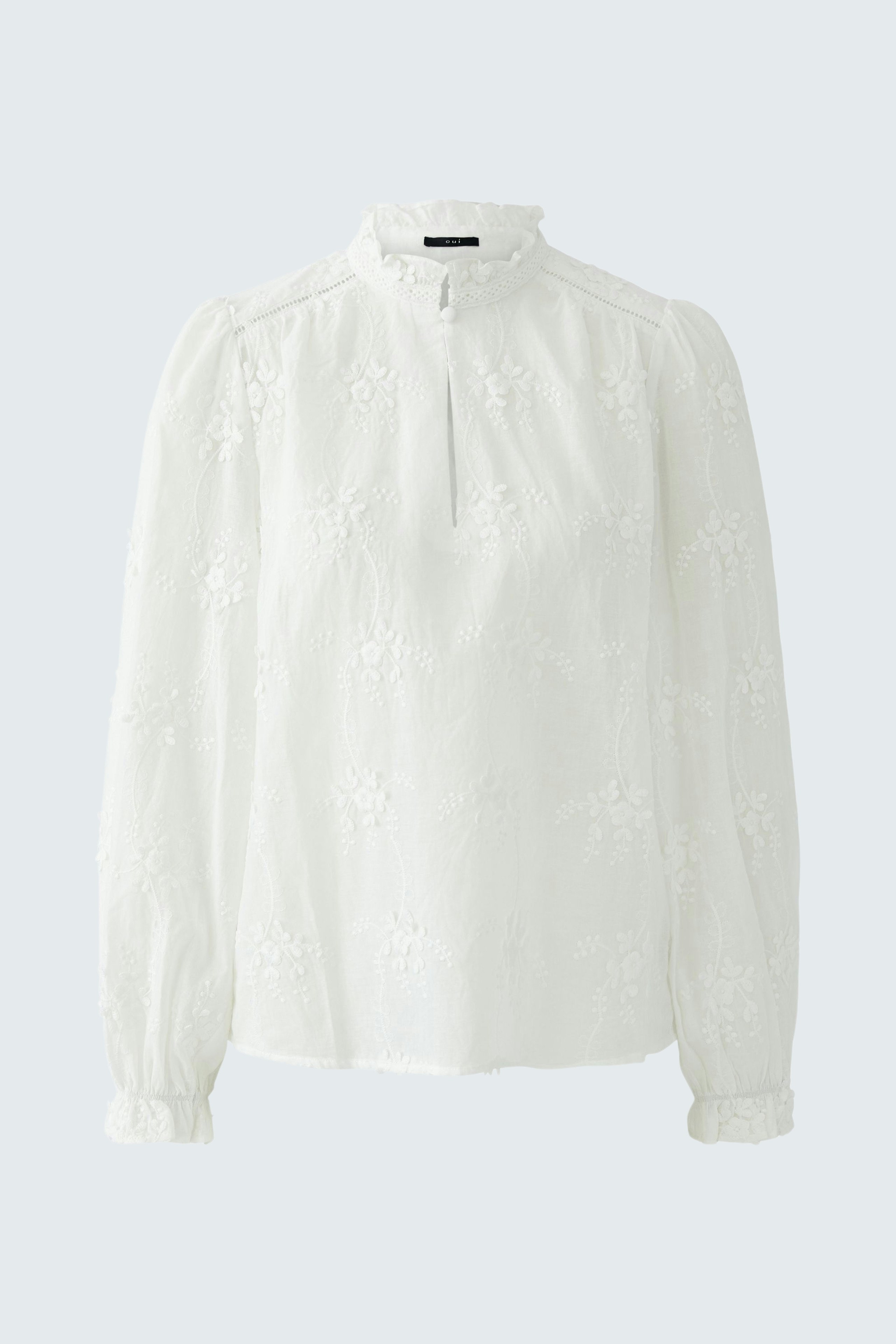 Lightweight women's blouse with floral details and a high collar, perfect for casual wear.