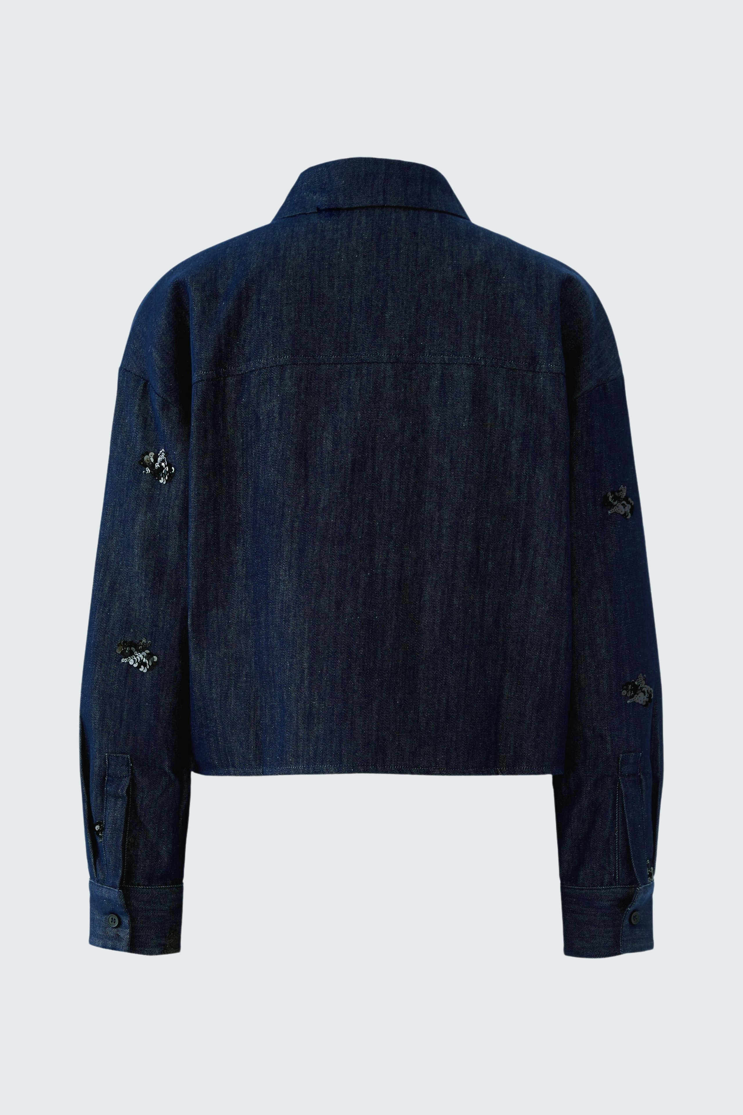 Casual women's jacket: Back view of a denim jacket with unique details and a relaxed fit.