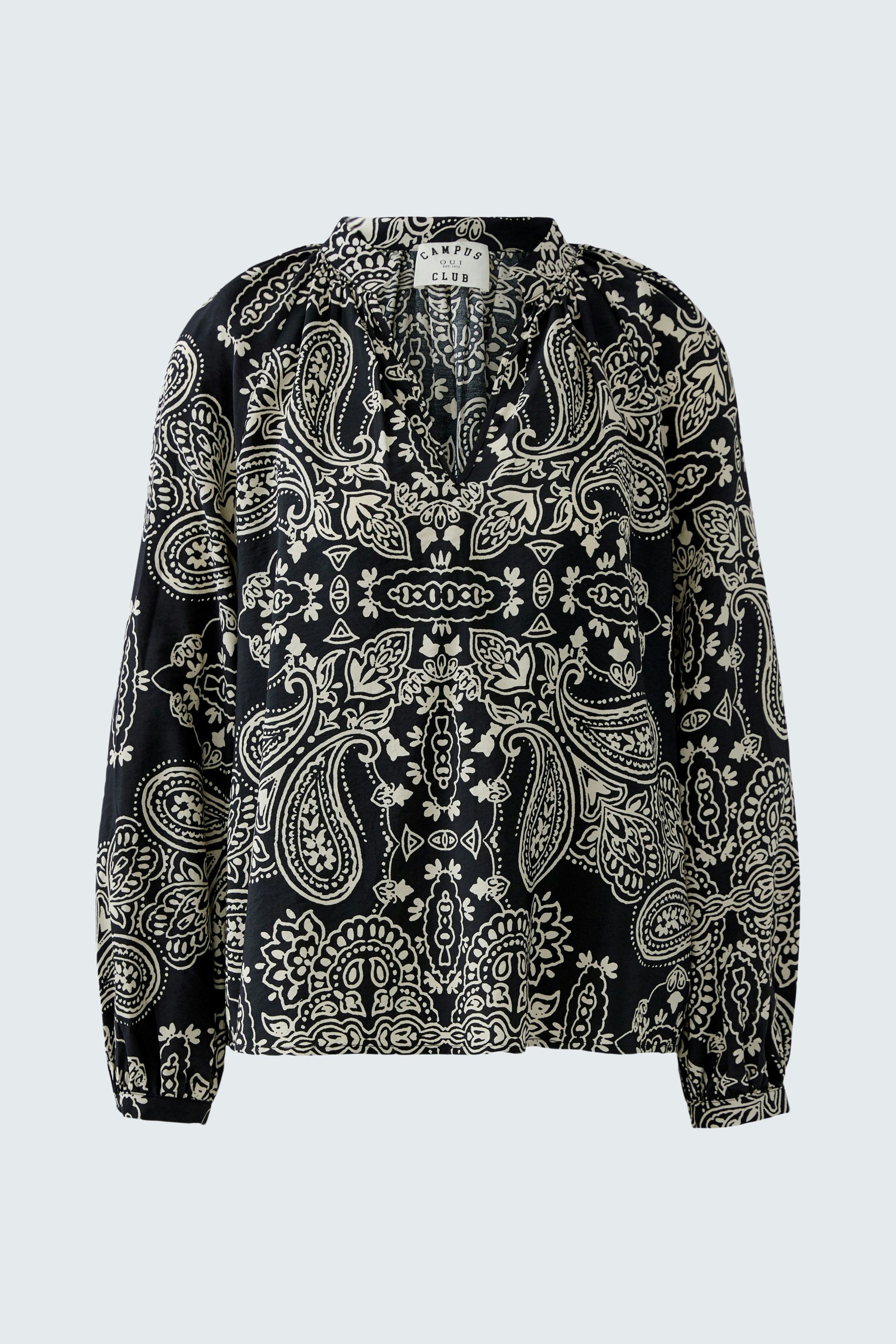 Damen-Bluse mit Paisleymuster in Schwarz und Weiß, lässiger Schnitt und bequemer Passform.