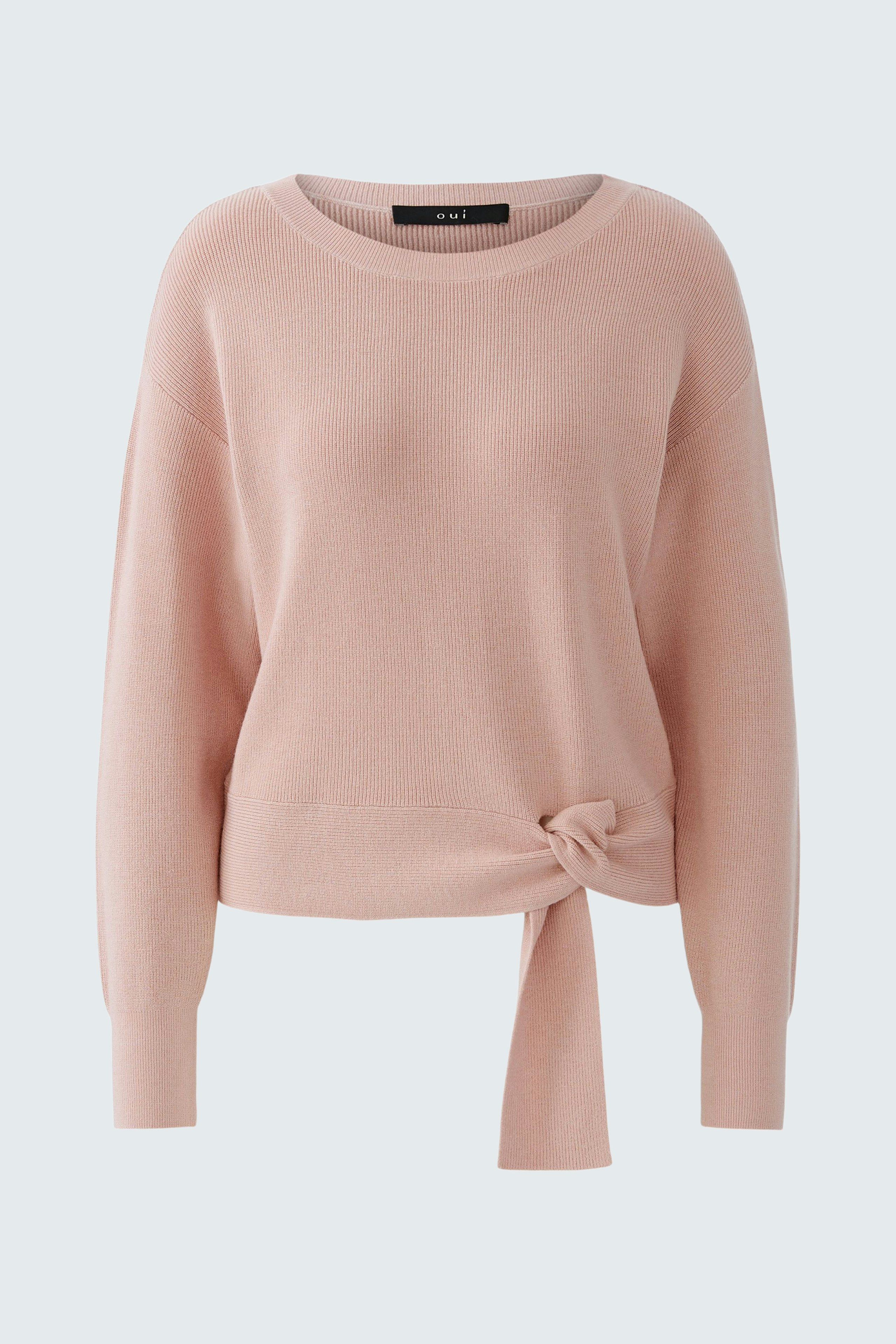 Casual women's pullover in soft pink with a stylish knot detail at the waist.