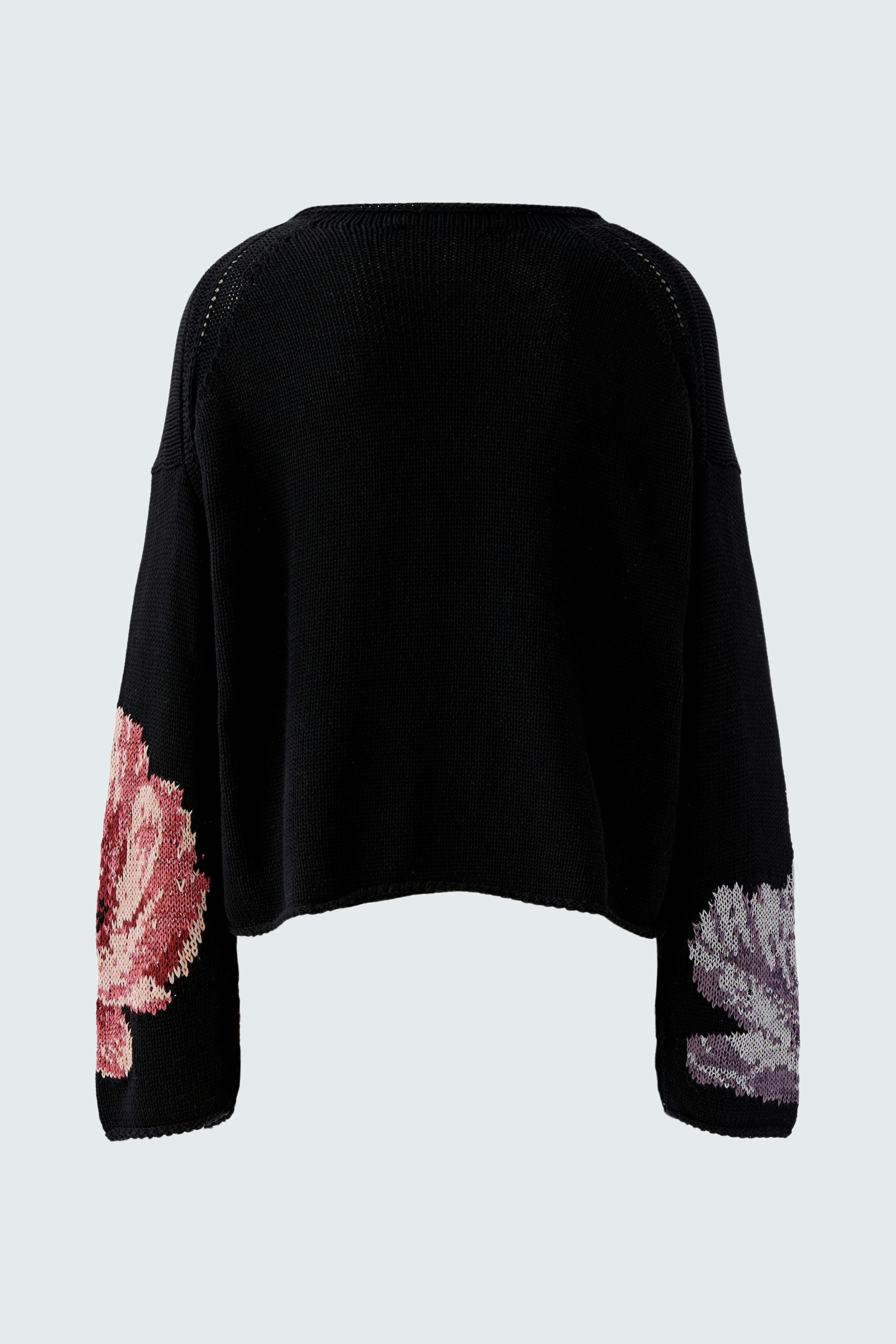 Casual women's pullover: Black pullover with colorful floral designs on sleeves, perfect for everyday wear.