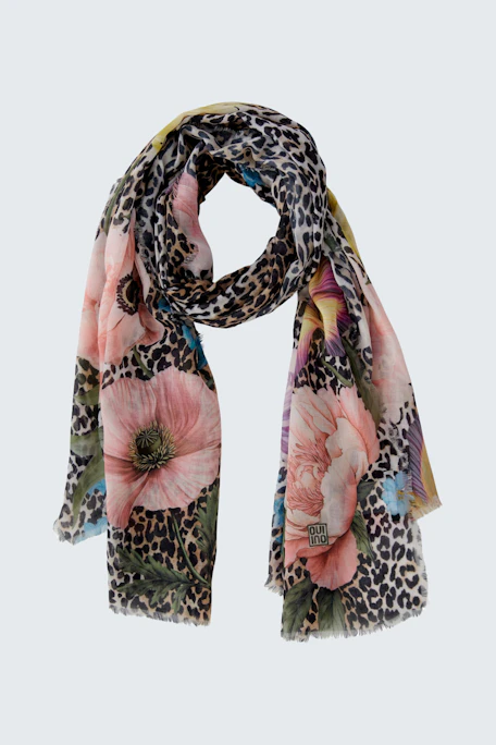 Colorful women's scarf with floral and leopard print design, perfect for adding style.