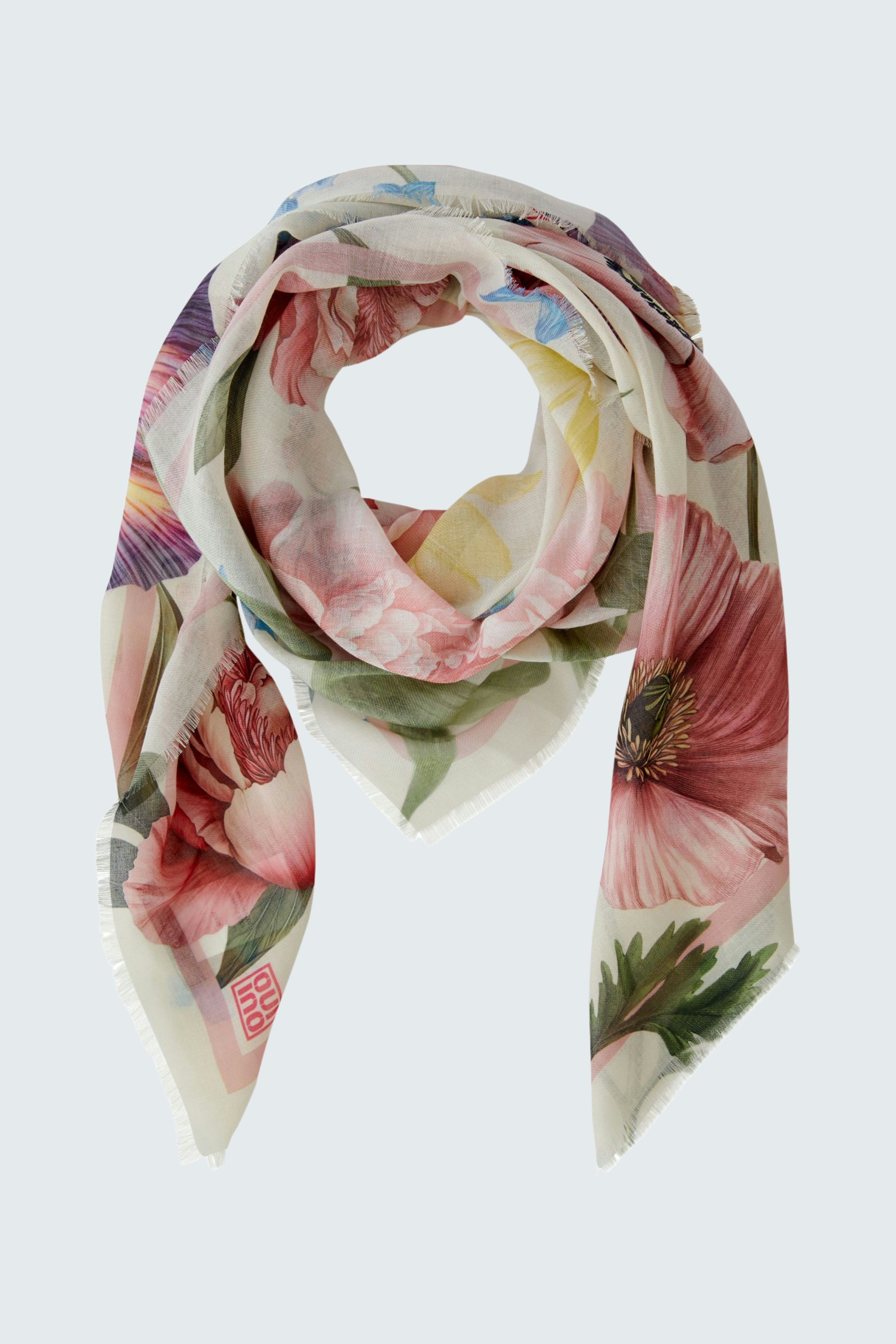 Floral scarf: A woman wearing a colorful scarf with floral patterns, adding a fresh touch to any outfit.
