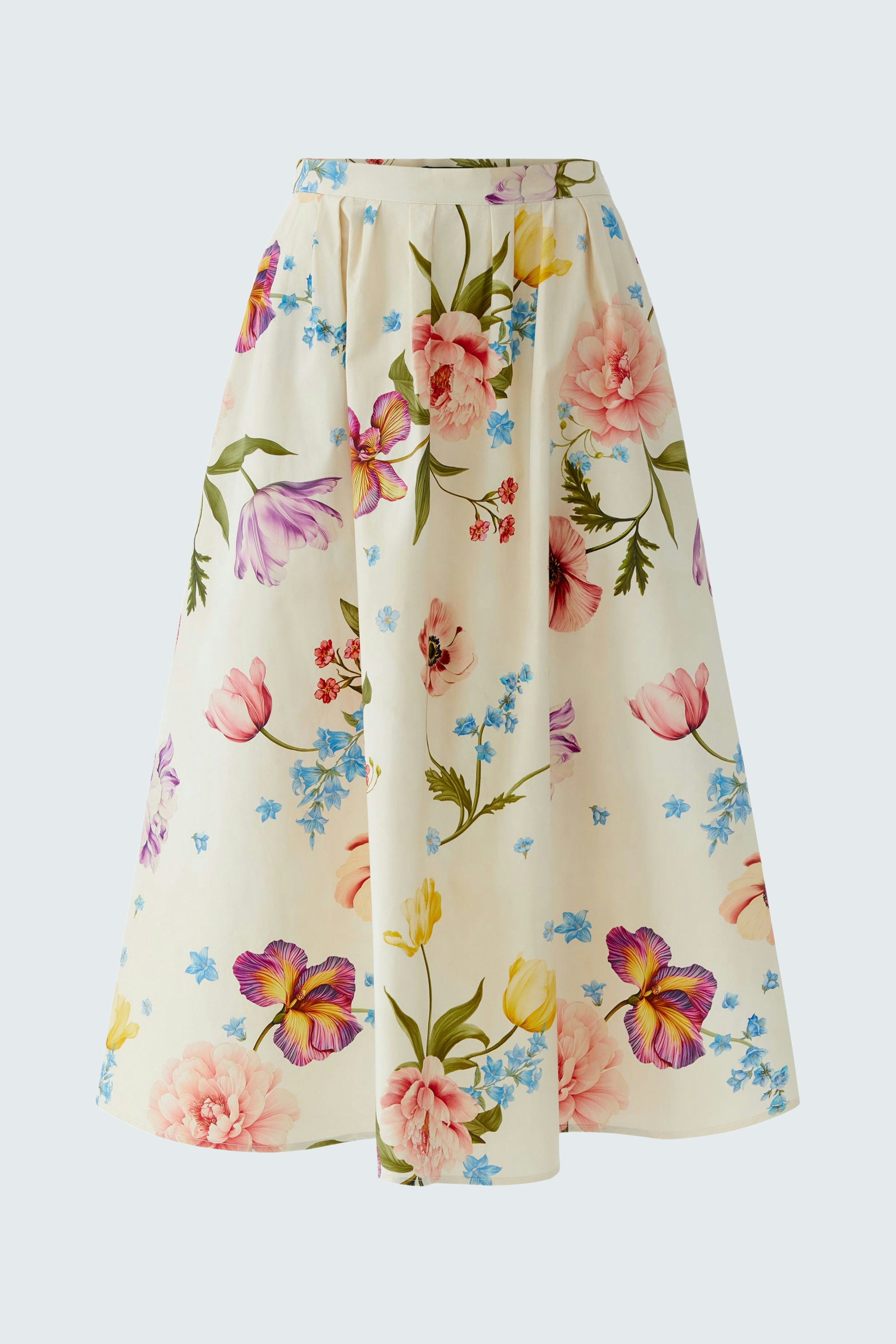 Floral midirock: A woman in a flowy skirt with colorful flowers, perfect for casual outings.