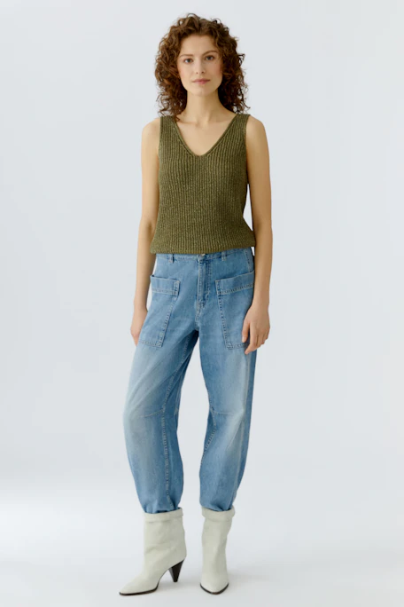 Casual women's top: Olive green sleeveless knit top with a V-neck design.