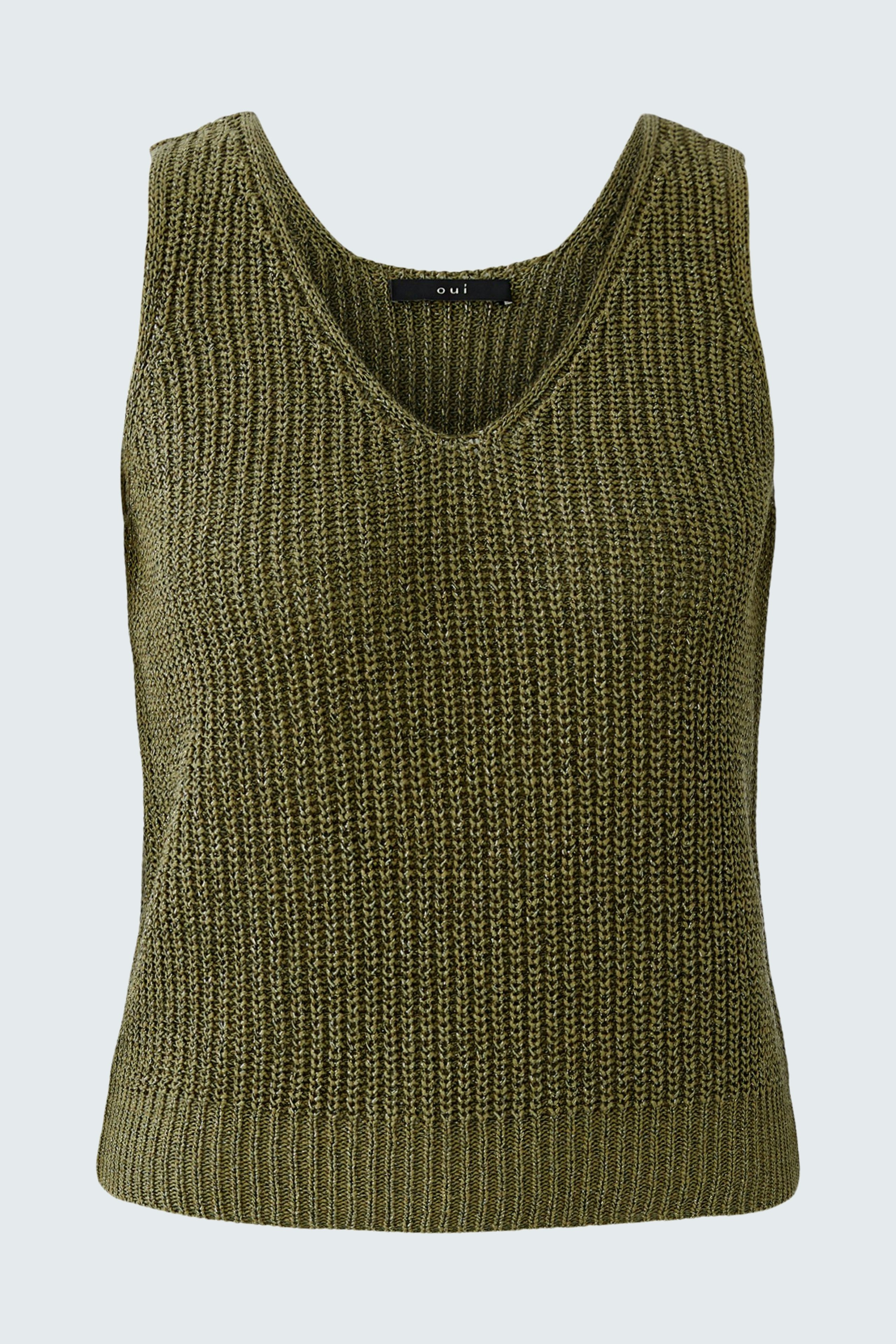 Casual women's top: Olive green sleeveless knit top with a V-neck design.