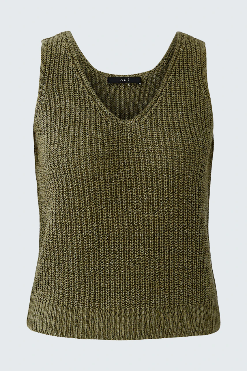 Casual women's top: Olive green sleeveless knit top with a V-neck design.